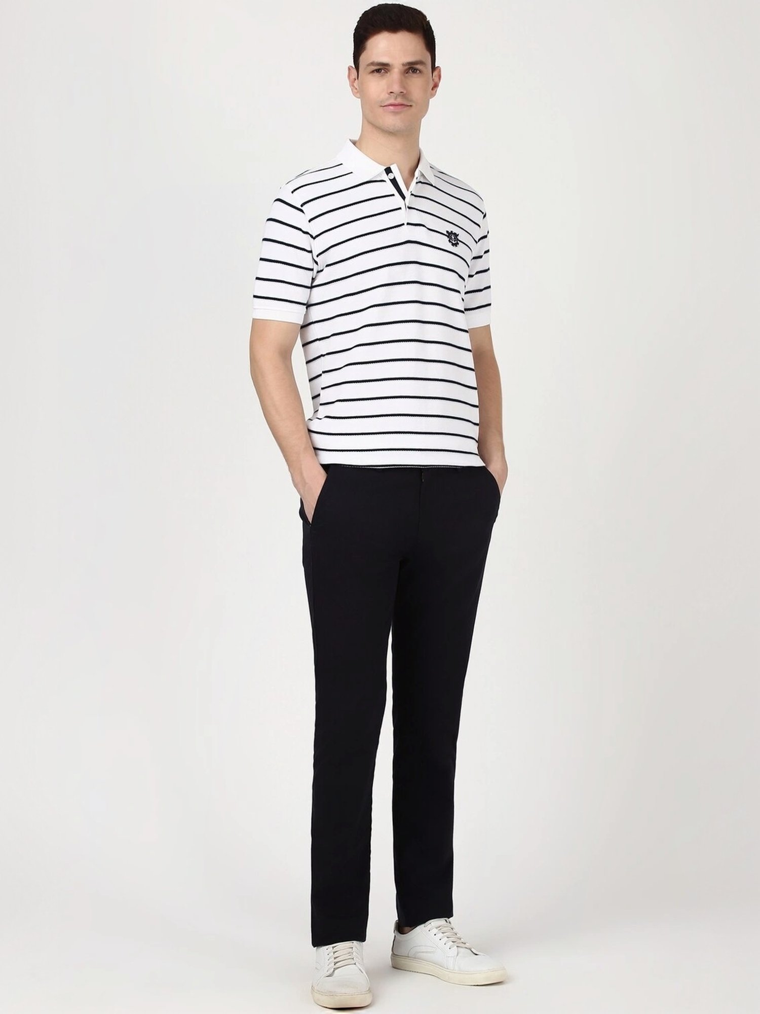 Peter England White Cotton Regular Fit Striped T-Shirt