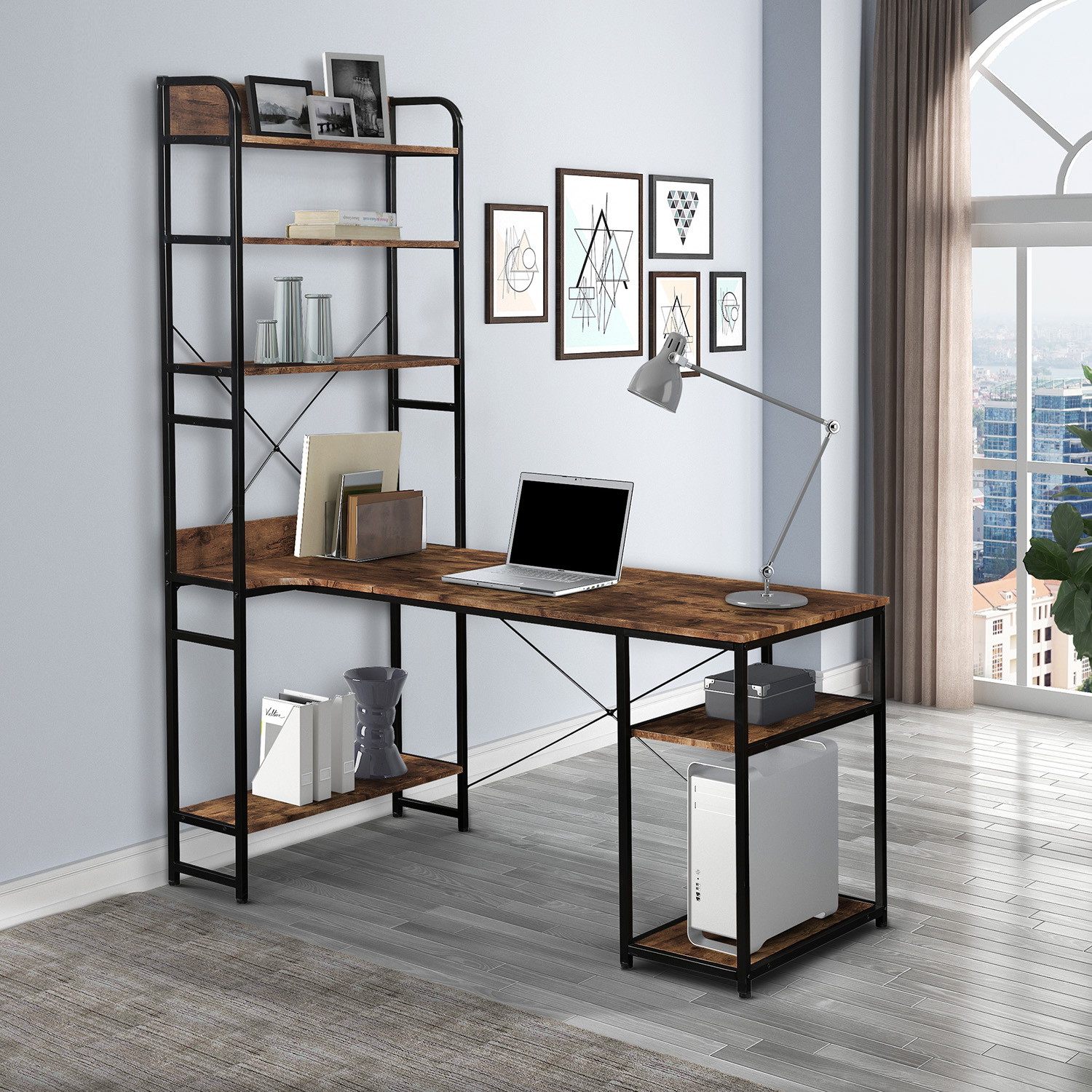 Home Office Computer Desk Gaming Desk with Steel frame and MDF Board,5 Tier Open Bookshelf,Plenty Storage Space