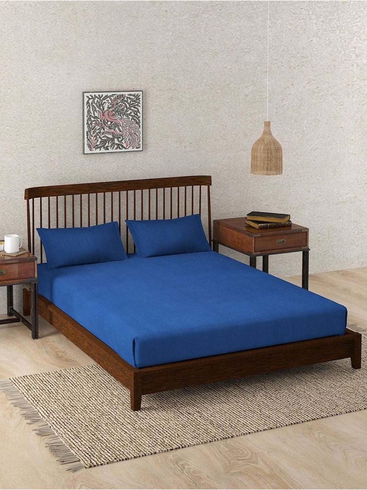 Fabindia Navy Cotton 180 TC Double Bed Sheet With Pillow Covers