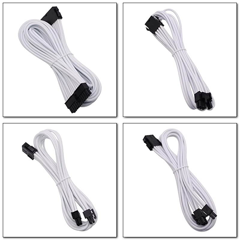 Power Supply Sleeved Cable 24PIN 8PIN 4+4 MB 8PIN 6+2 PCIE Extension Cable Kit 500mm LengthWhite