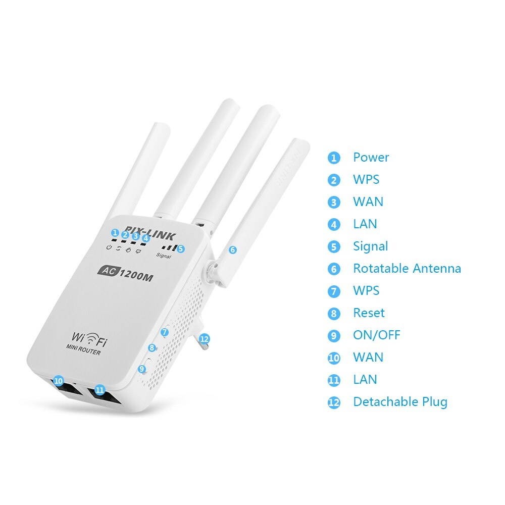 PIX-LINK AC05 1200Mbps Dual Frequency 2.4G 5G Wireless Repeater  Speed 5G Gigabit Wifi Router Antenna EU Plug