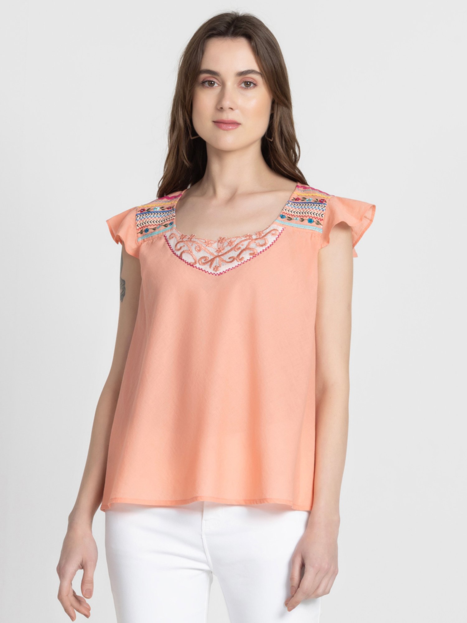 SHAYE Coral Cotton Embroidered Top
