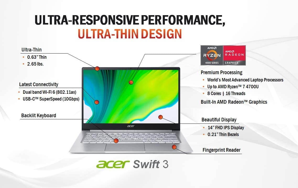 Acer Swift 3 Thin & Light Laptop, 14" Full HD IPS, AMD Ryzen 7 4700U Octa-Core Processor with Radeon Graphics, 8GB LPDDR4, 512GB NVMe SSD, WiFi 6, Backlit Keyboard, Fingerprint Reader, SF314-42-R9YN