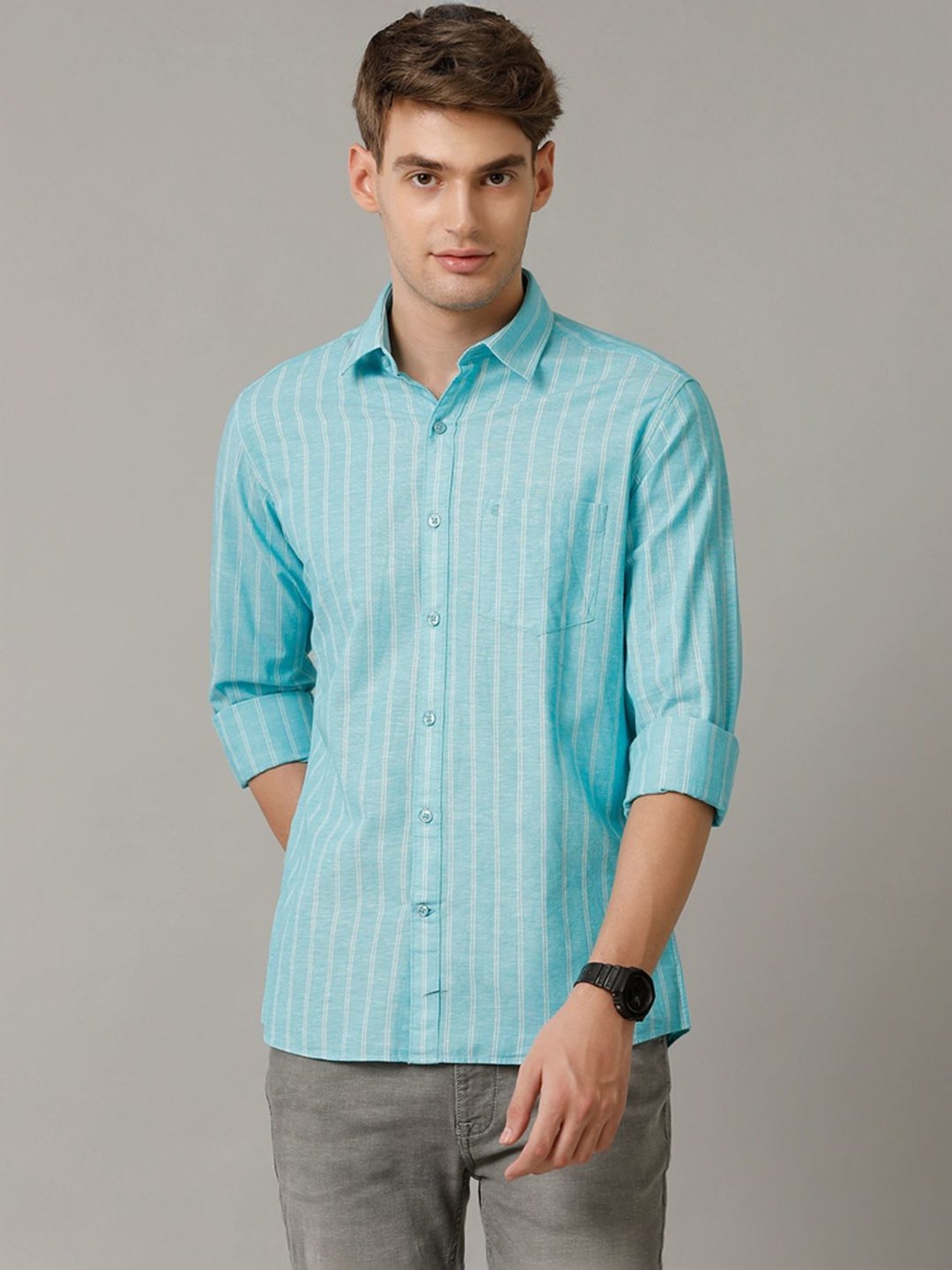 Cavallo By Linen Club Turquoise Blue Linen Contemporary Fit Striped Shirt