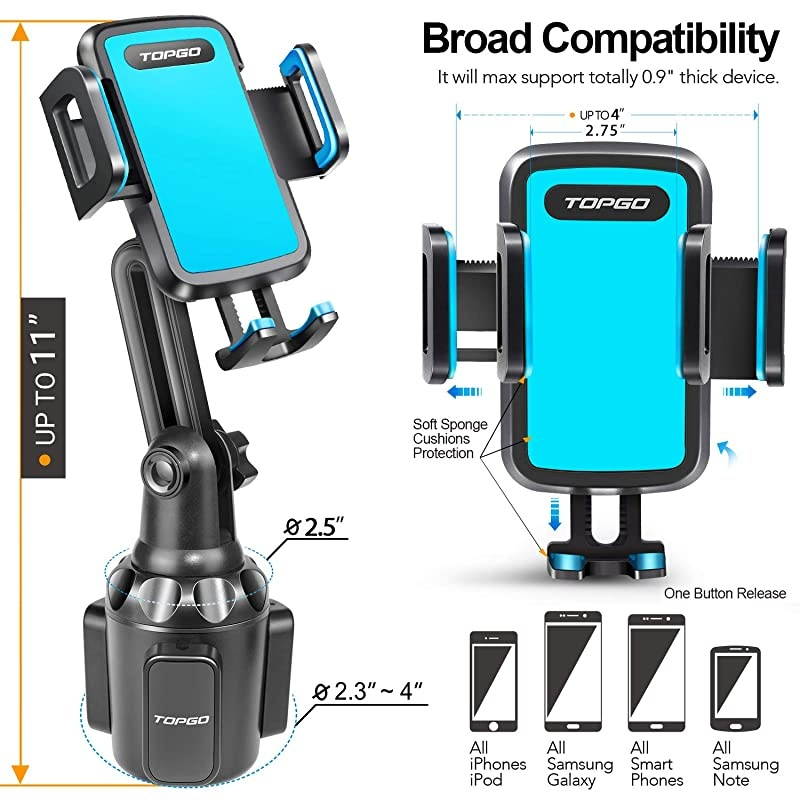 Adjustable Pole Automobile Cup Holder Smart Phone Cradle Car Mount for iPhone 11 Pro/XR/XS Max/X/8/7 Plus/6s/Samsung S10 /Note 9/S8 Plus/S7 Edge(Blue)