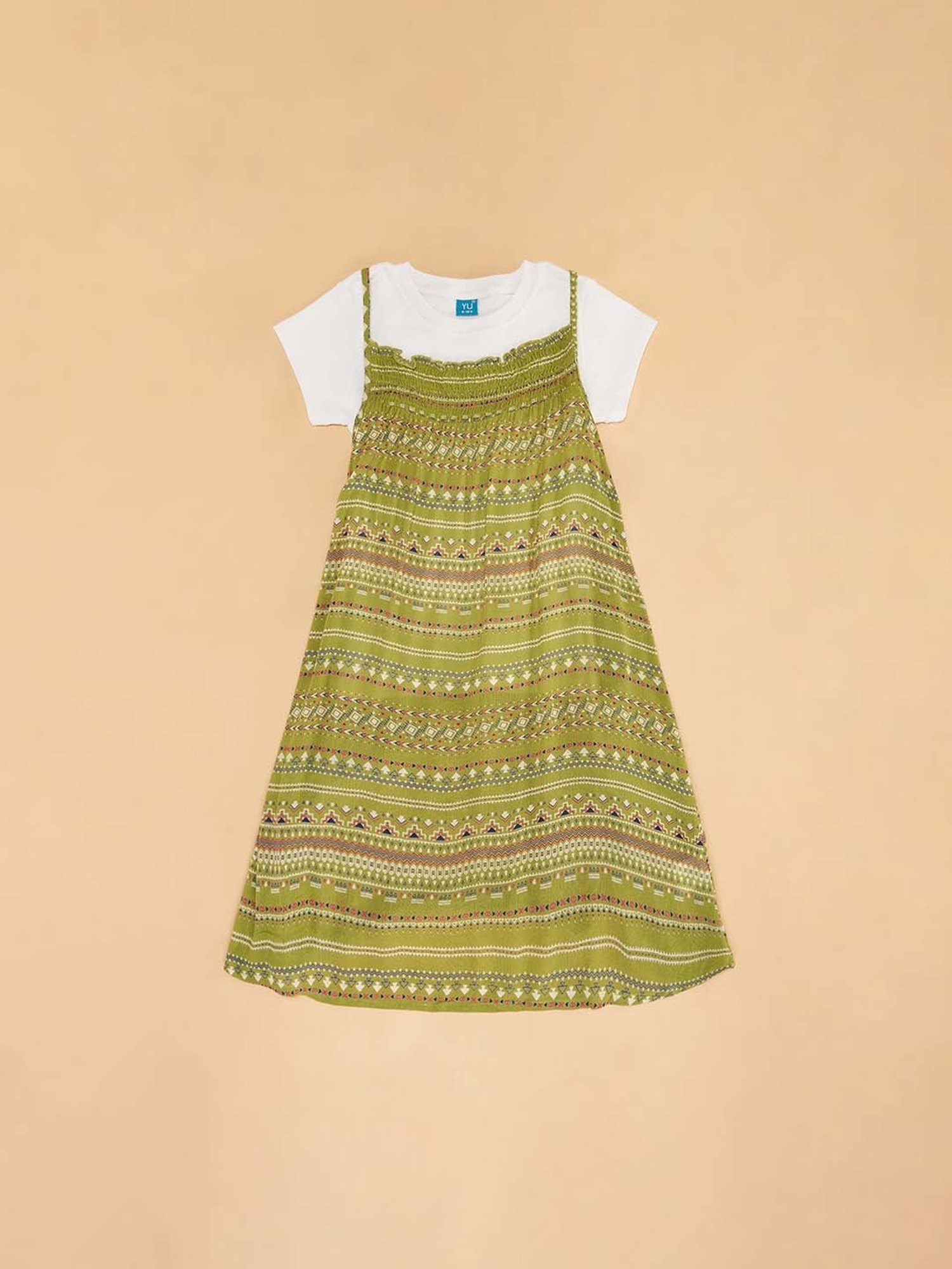 YU by Pantaloons Kids Green & White Printed Dress Set