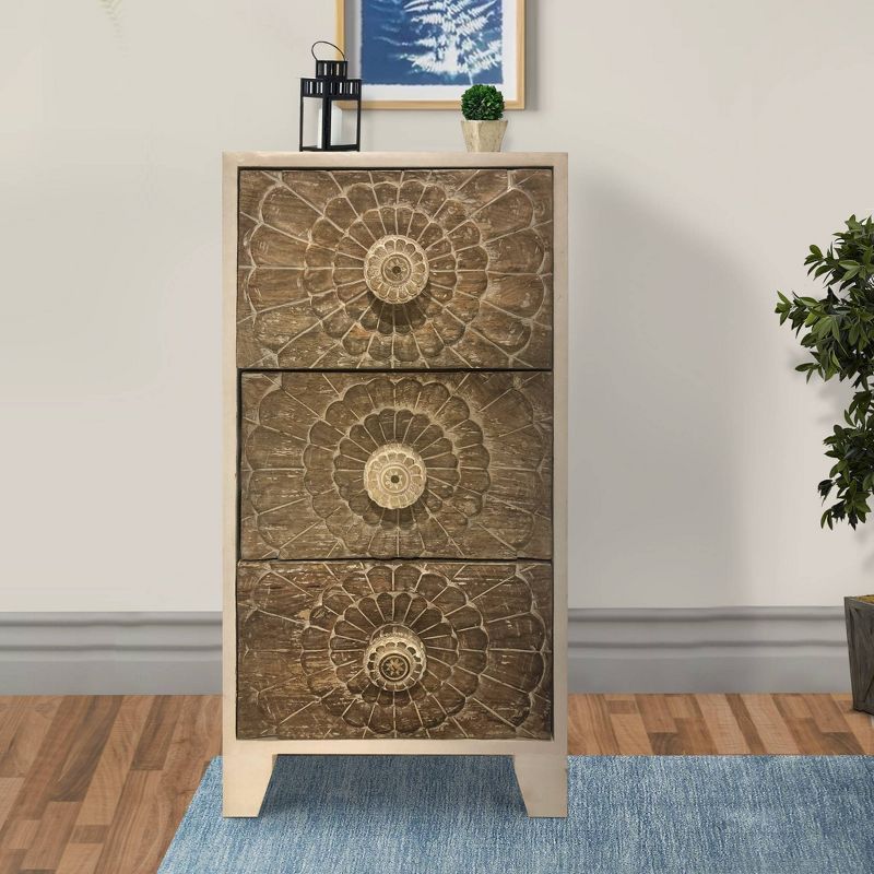 3 Drawer Mango Wood Accent Storage Cabinet with Detailed Front Panels Brown/White - The Urban Port