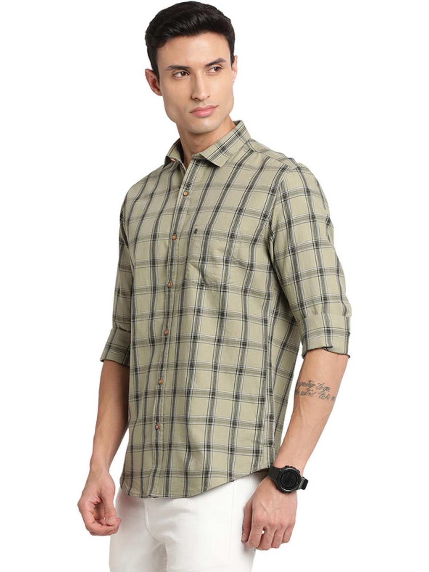 Turtle Sage Green Cotton Slim Fit Checks Shirt