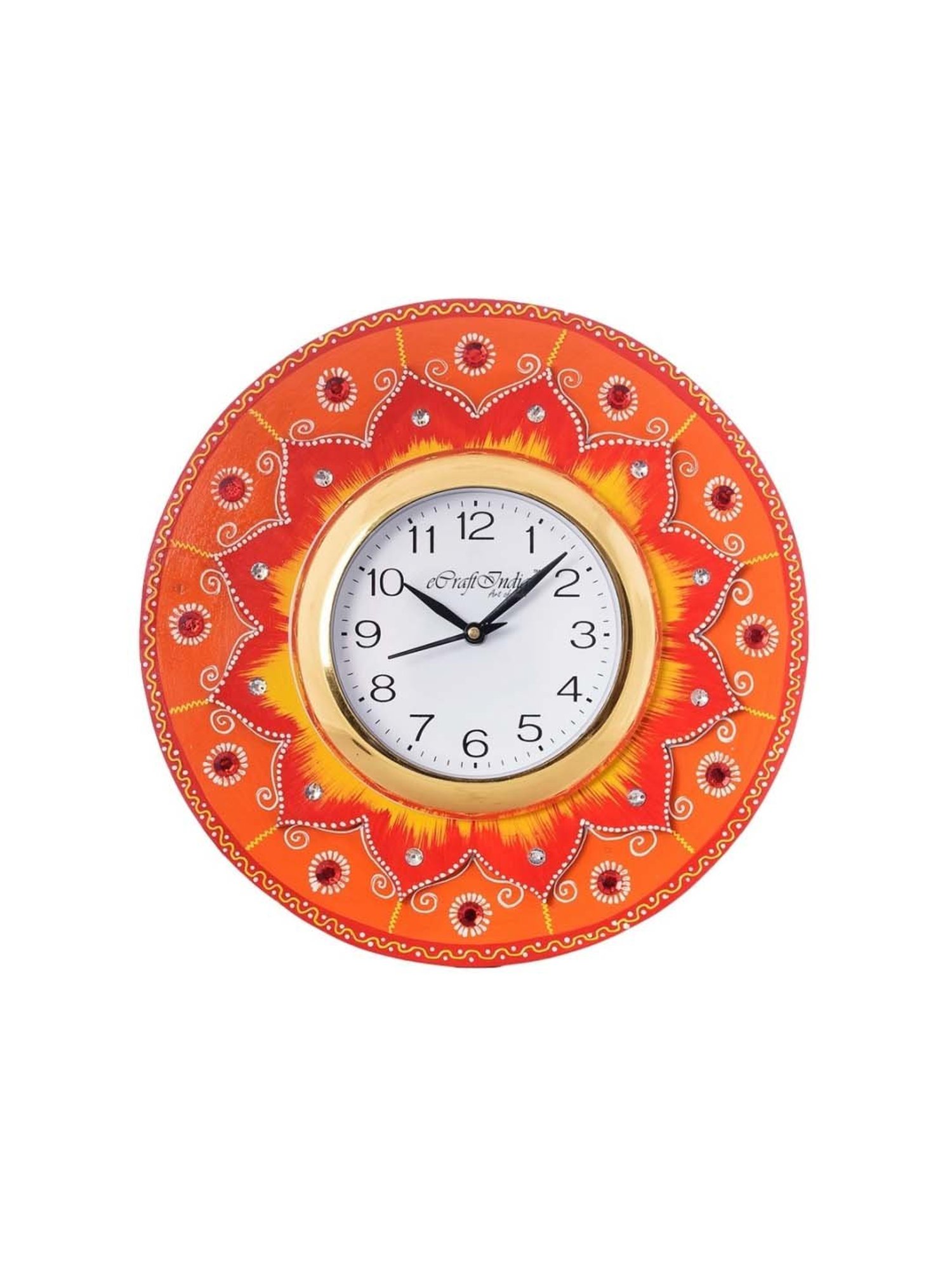 eCraftIndia Crystal Studded Floral Shape Wooden Handcrafted Wall Clock