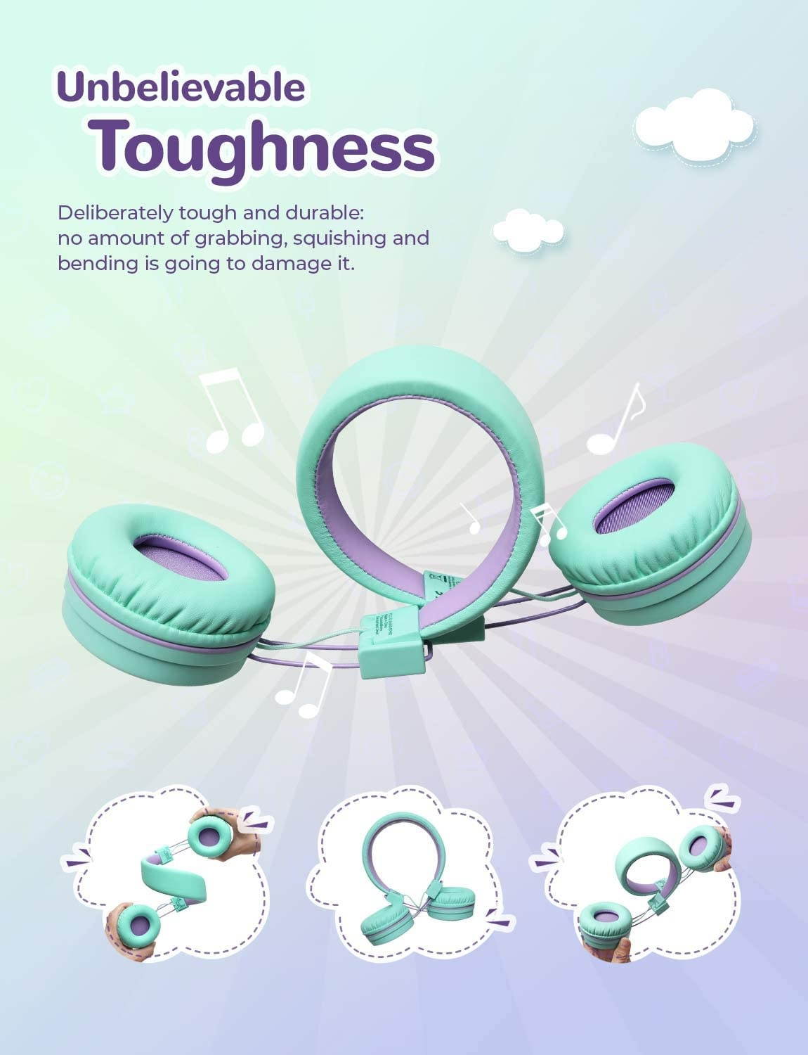 iClever Kids Bluetooth Headphones - Headphones for Kids with MIC, Volume Control Adjustable Headband, Foldable - Childrens Headphones on Ear for iPad Tablet Kindle Airplane School,Green/Purple