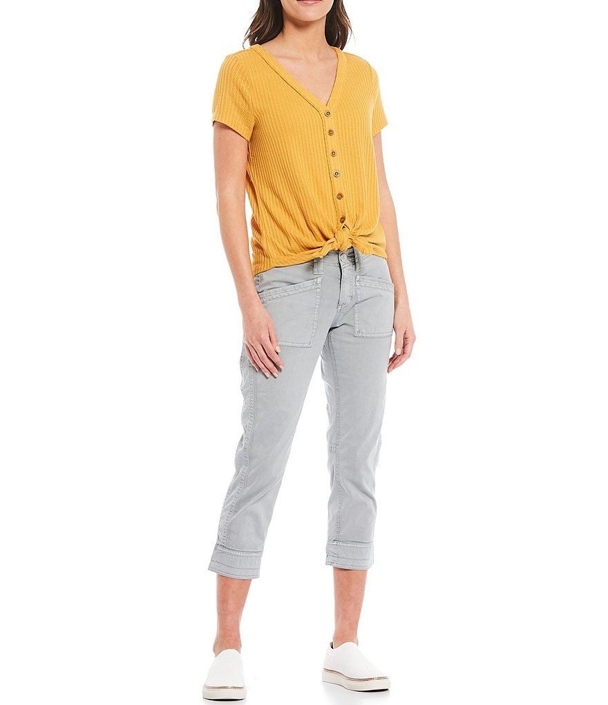 Aventura Ayla V-Neck Short Sleeve Waffle Knit Button-Tie Front Tee