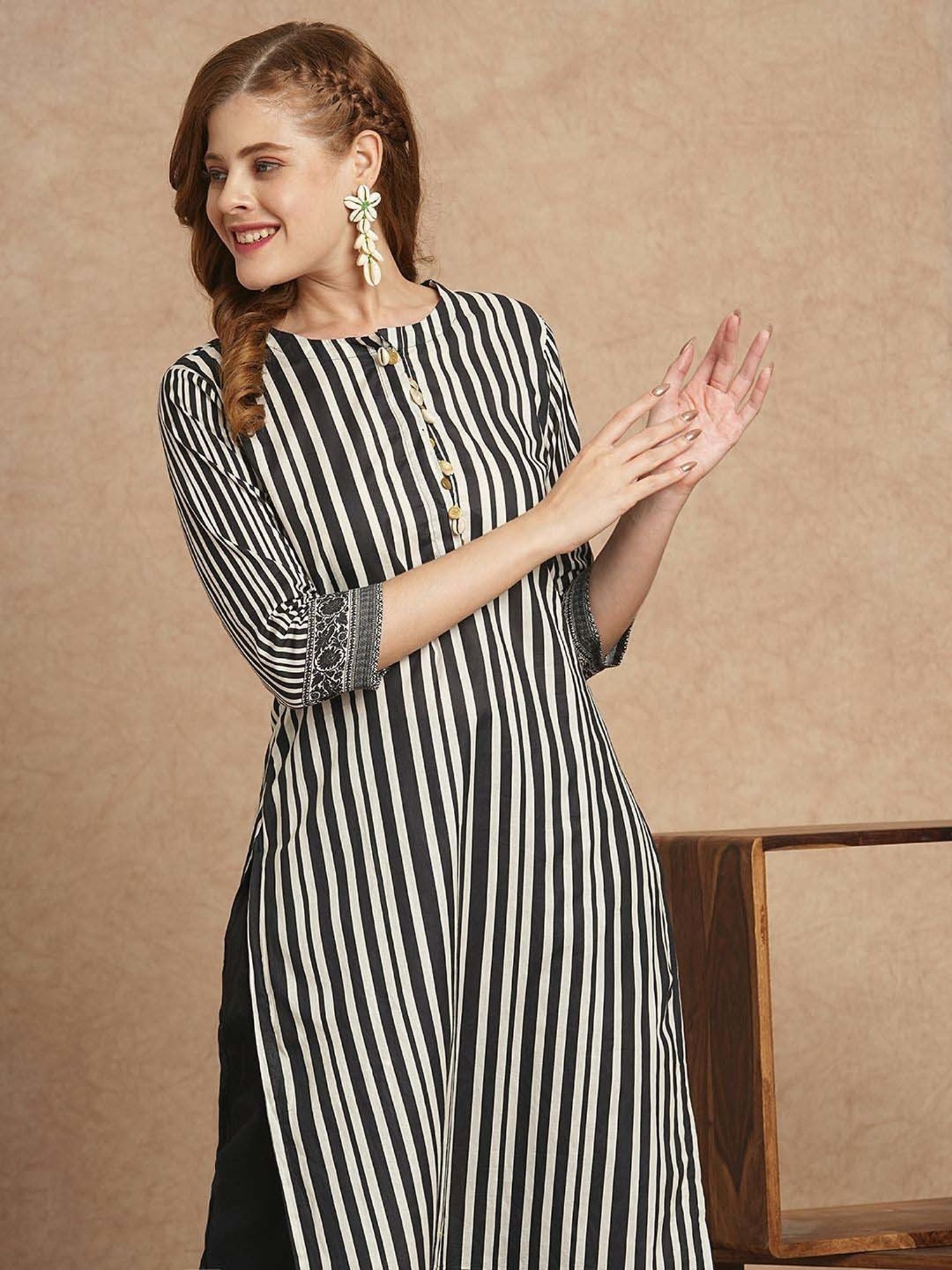 Fashor Black Cotton Striped Kurta & Pant Set
