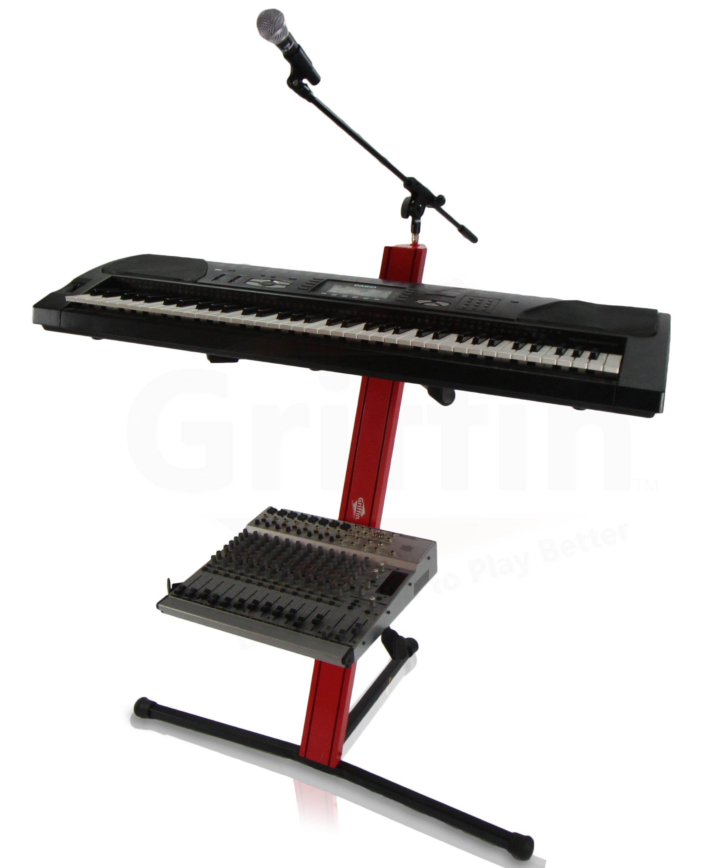2-Tier Column Keyboard Stand with Mic Boom Arm by GRIFFIN | Double Sliding Multi Mounting Platform Red Stage Tower Rack | Holder for Digital Piano, Turntable, DJ Audio Gear, Studio Laptop Synthesizer