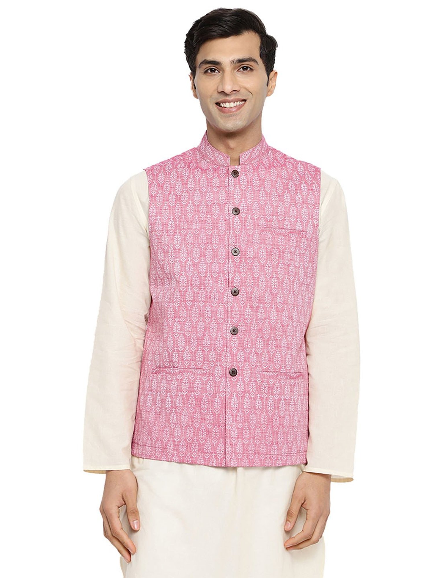 Fabindia Pink Regular Fit Printed Nehru Jacket