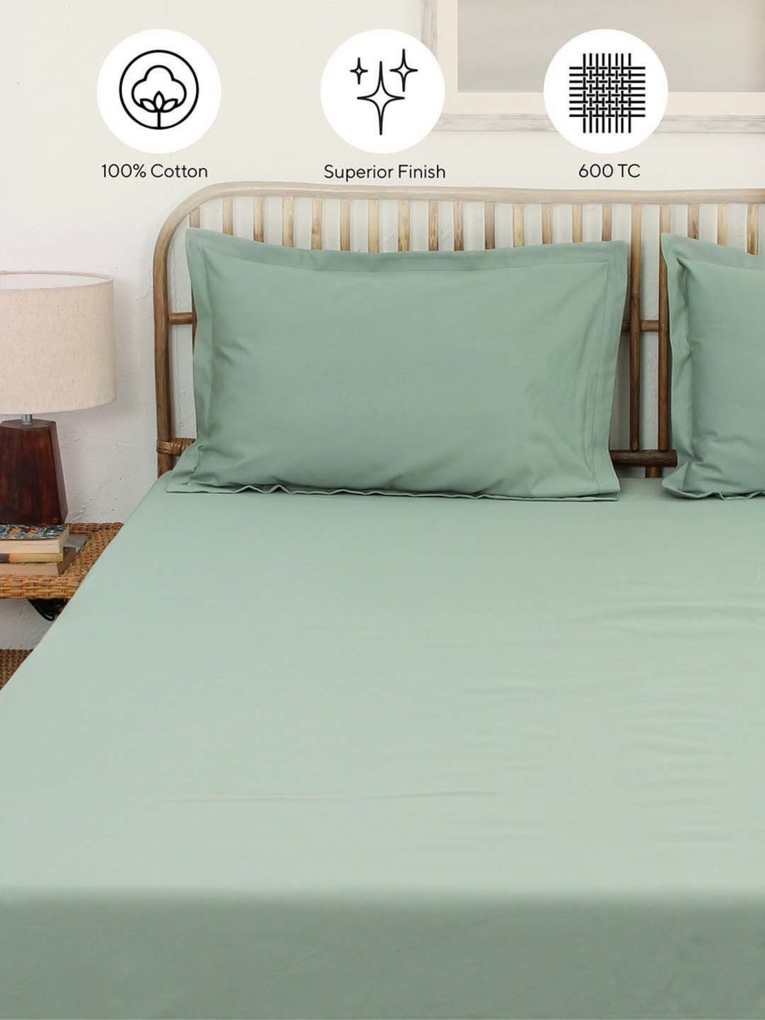House This Sage Green Cotton 600 TC King Size Bedsheet With Pillow Covers