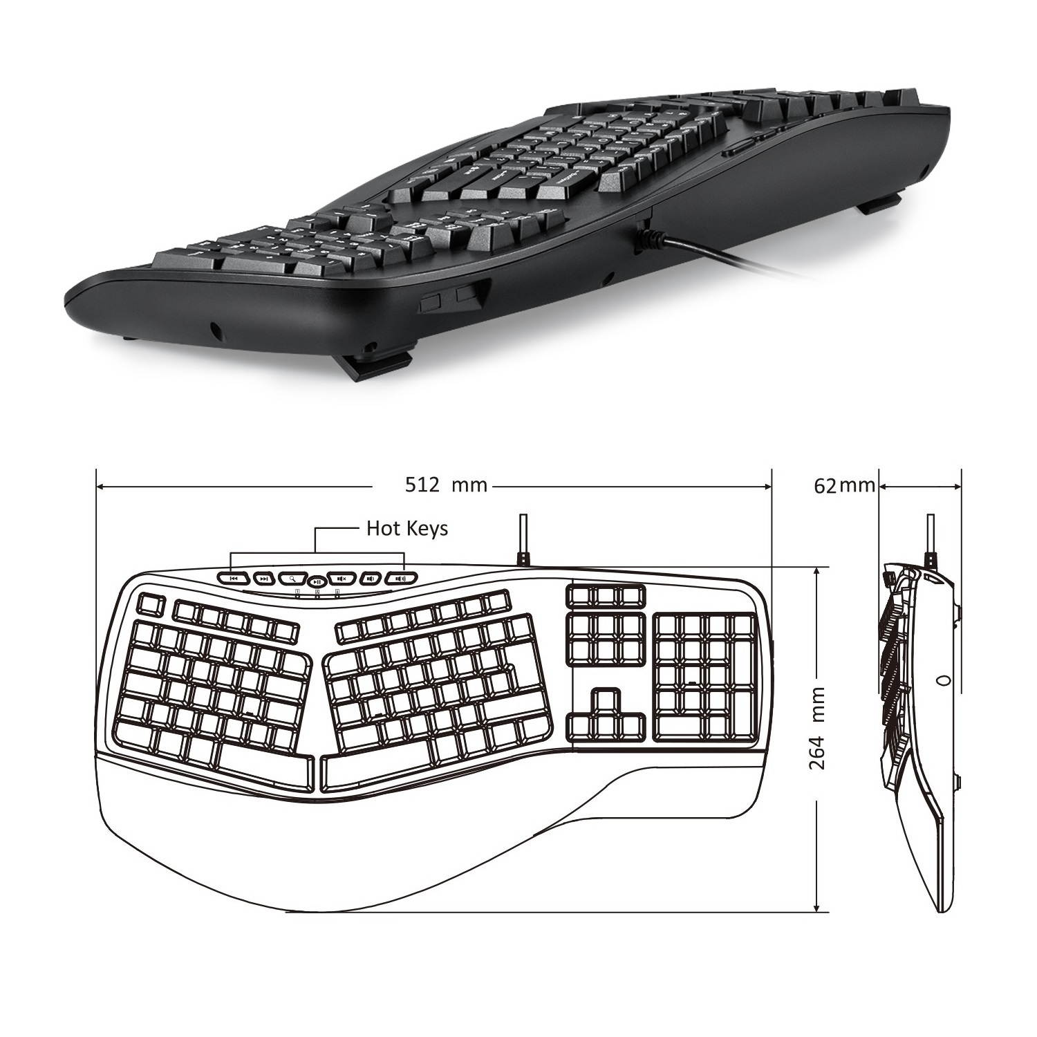 Perixx PERIBOARD-312 Ergonomic Backlit Keyboard - Wired USB with 2 Hubs - Natural Ergonomic Split Design - White LED - Black