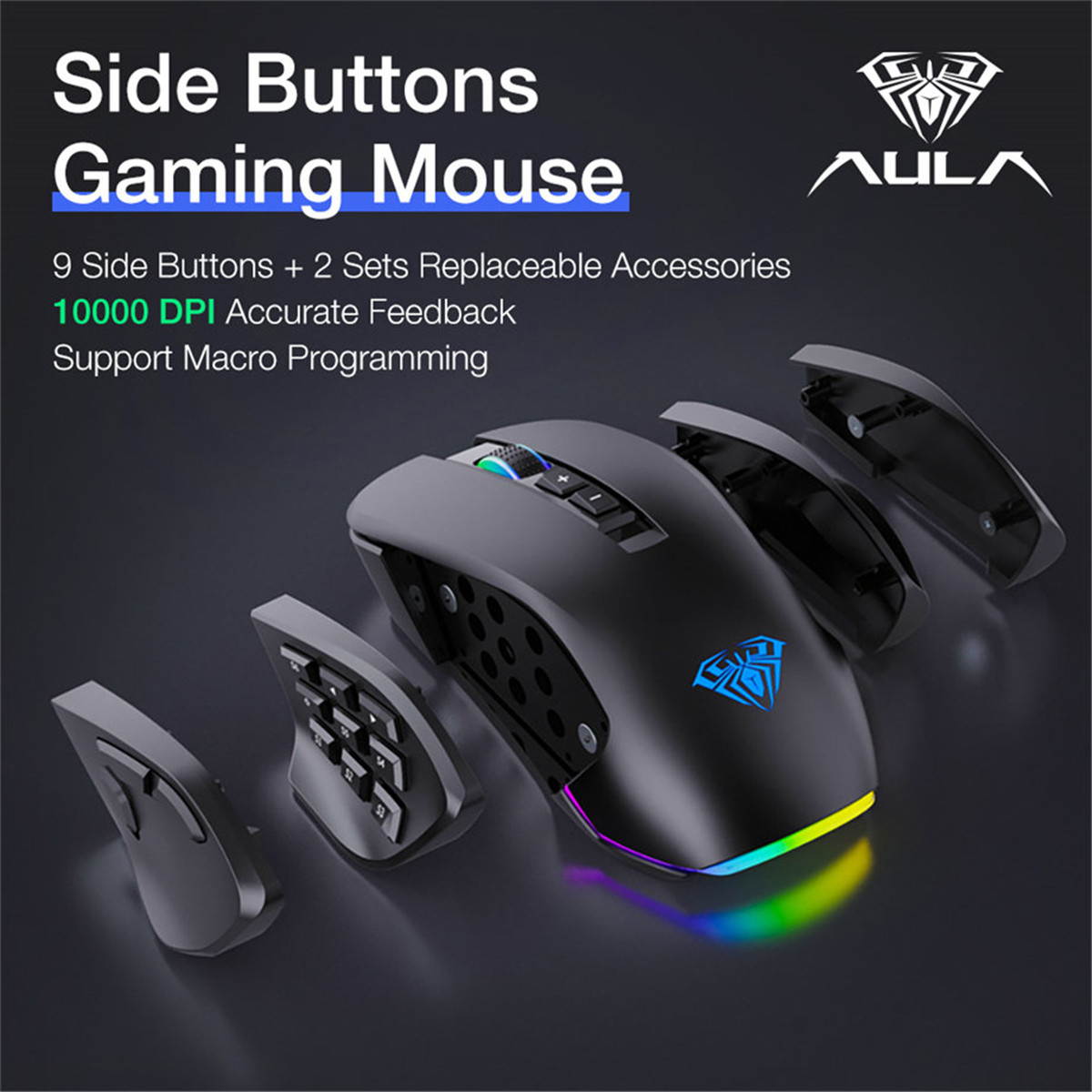 Gaming Mouse with 7 Side Buttons Programmable, RGB Backlit, DPI & Weight Adjustable, High Performance Ergonomic Optical Desktop Laptop Computer Mice, USB Wired Plug Play (Black)