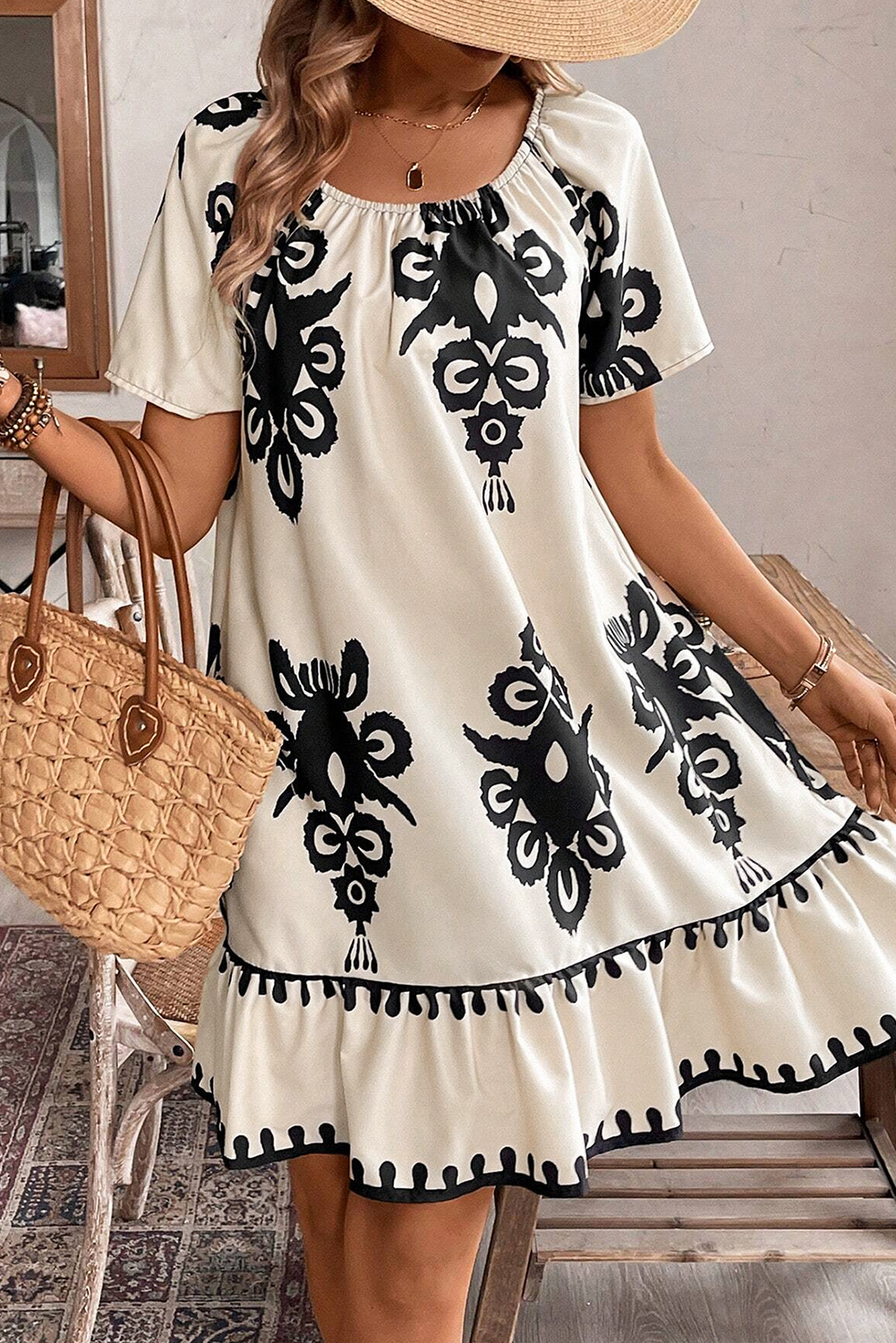 White Frill Mock Neck Sleeveless Tiered Floral Dress