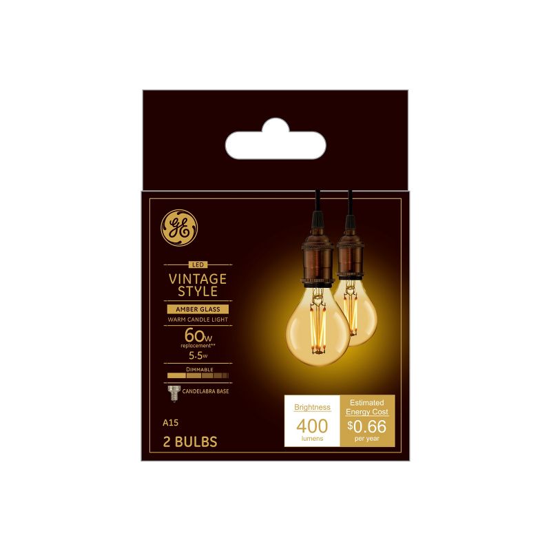 General Electric 2pk 60W VintaA15 Ceiling Fan CAC base Filament Amber LED Light Bulb White