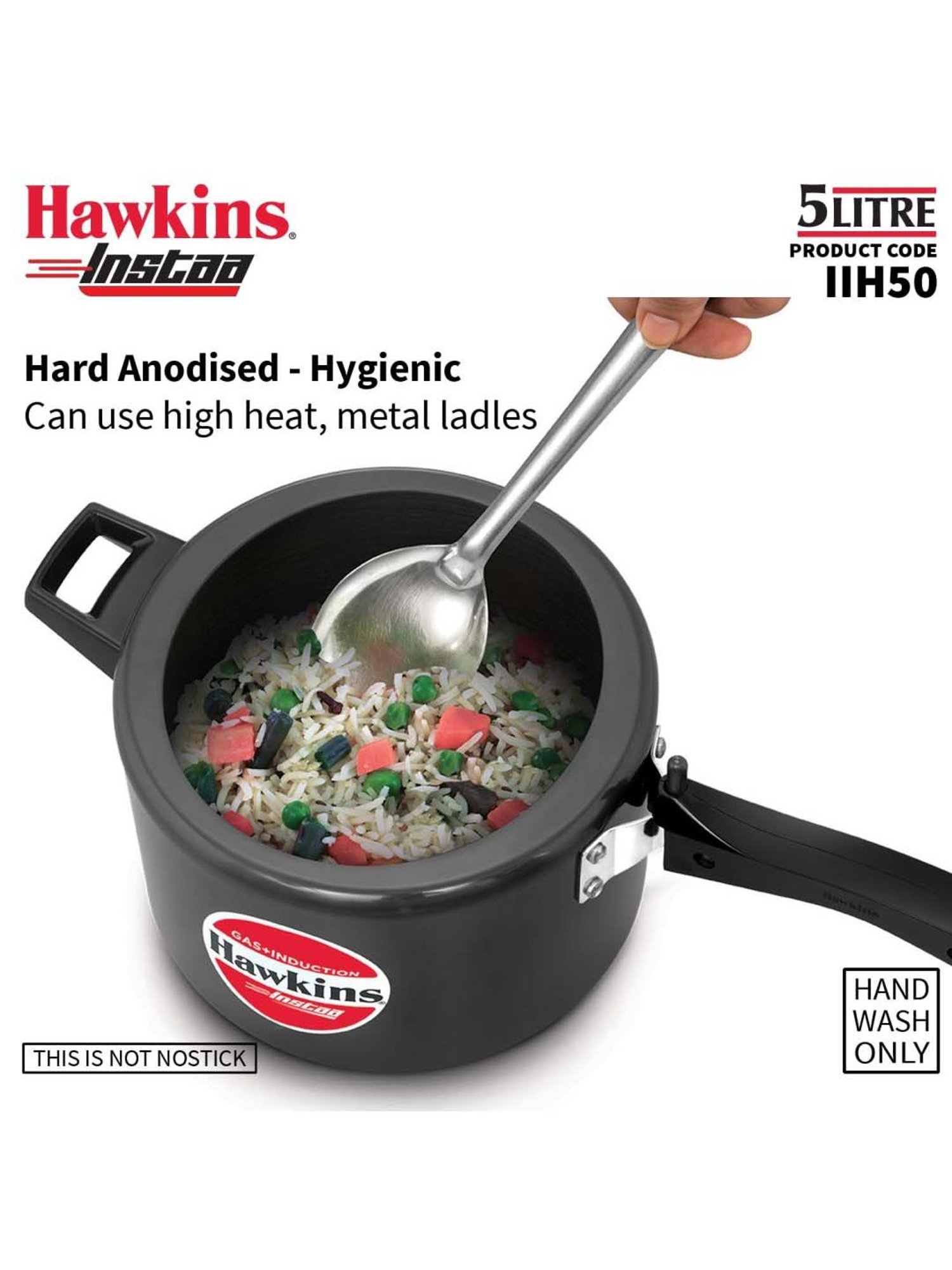 Hawkins Black Aluminium Induction Inner Lid Instaa Hard Anodised Pressure Cooker (Iih50) (5 L)
