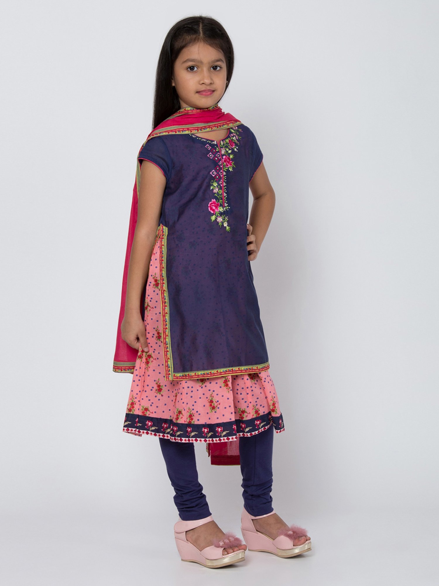 BIBA Girls Navy Embroidered Double Layered Kurti & Churidar With Dupatta