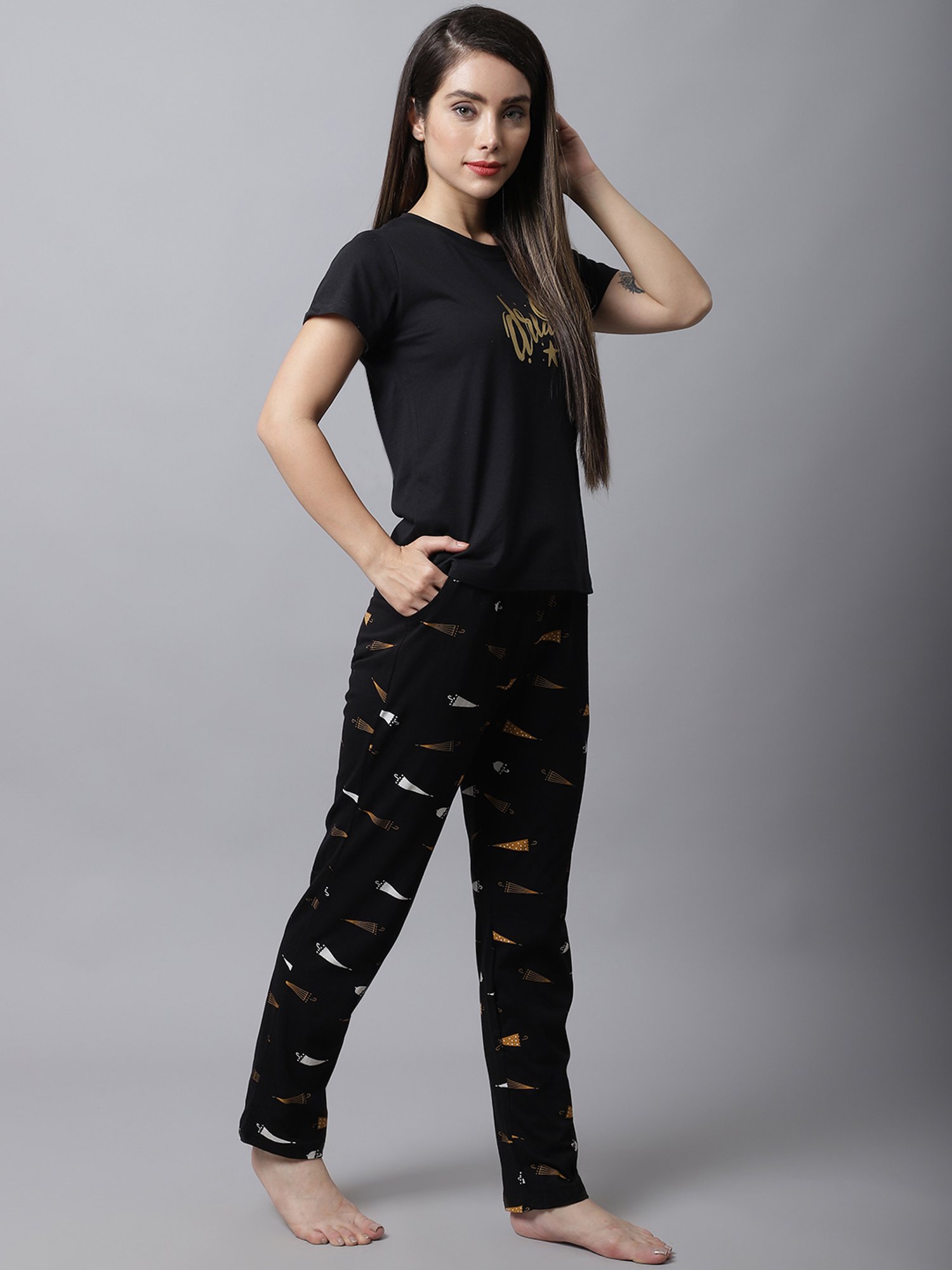 Boston Club Black Cotton Printed Top Pyjama Set