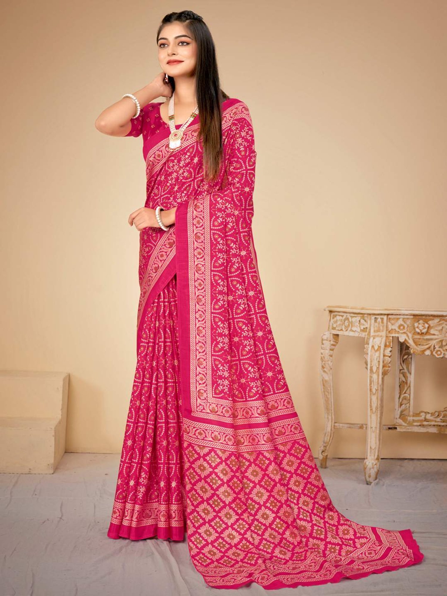 Saree Mall Pink Silk Printed Saree With Unstitched Blouse