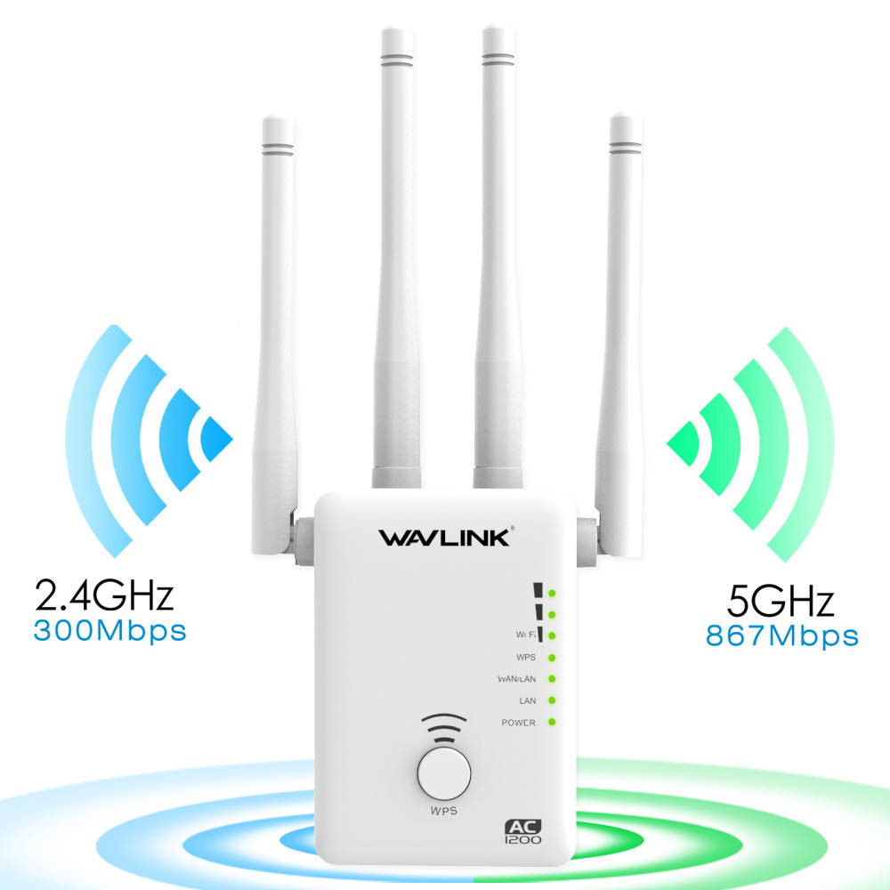 Wavlink 1200Mbps WIFI Range Extender/Access point/Wifi Booster/Wireless Router Signal Amplifier Dual Band (2.4GHz 300Mbps + 5GHz 867Mbps ) with 4 External Antennas, 2 Ethernet Port, WPS, LED Indicator