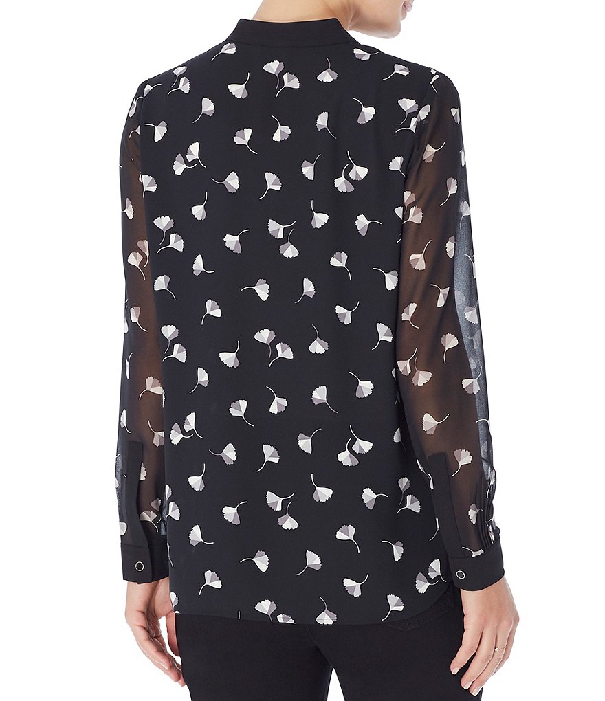 Jones New York Floral Print Crepe de Chine Banded Collar Top with Long Chiffon Sleeves