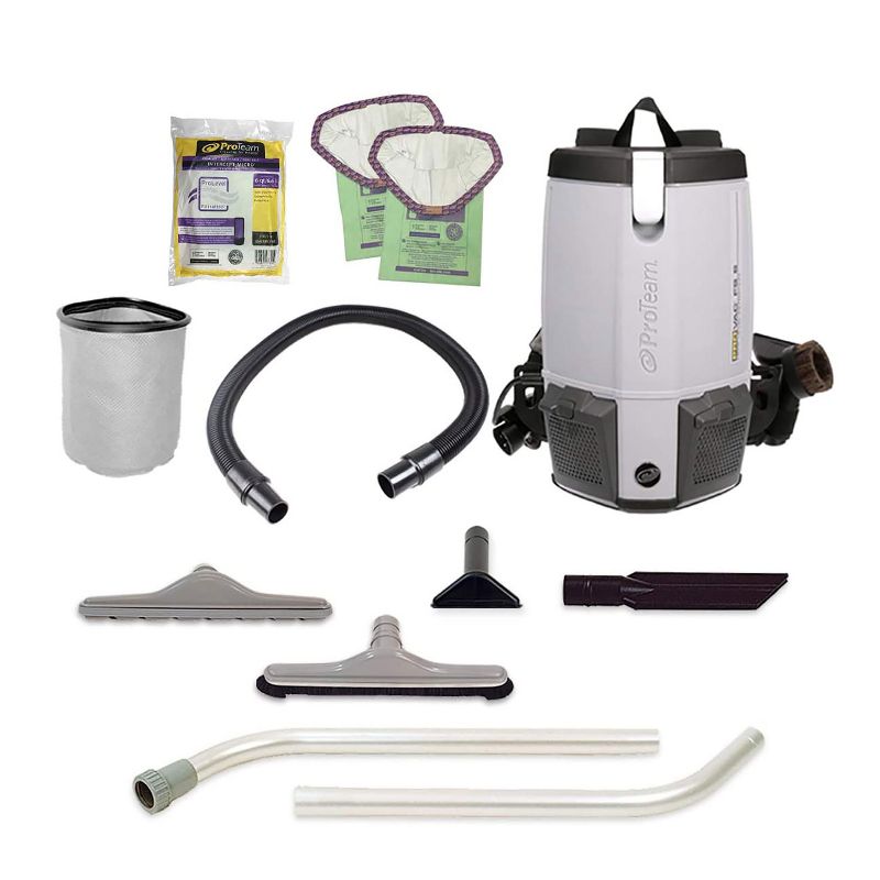 ProTeam 107363 ProVac FS 6 6 Quart Backpack Vacuum with 2 Piece Restaurant Wand Tool Kit, Various Attachments, and 50 Foot Extension Cord