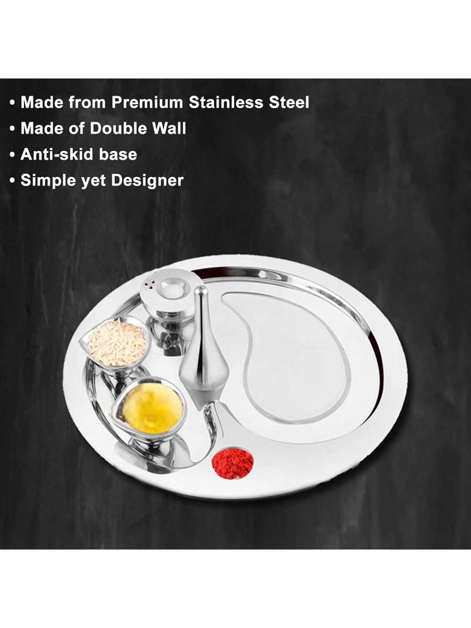 FnS Silver Stainless Steel 5-Piece Pooja Thali Set