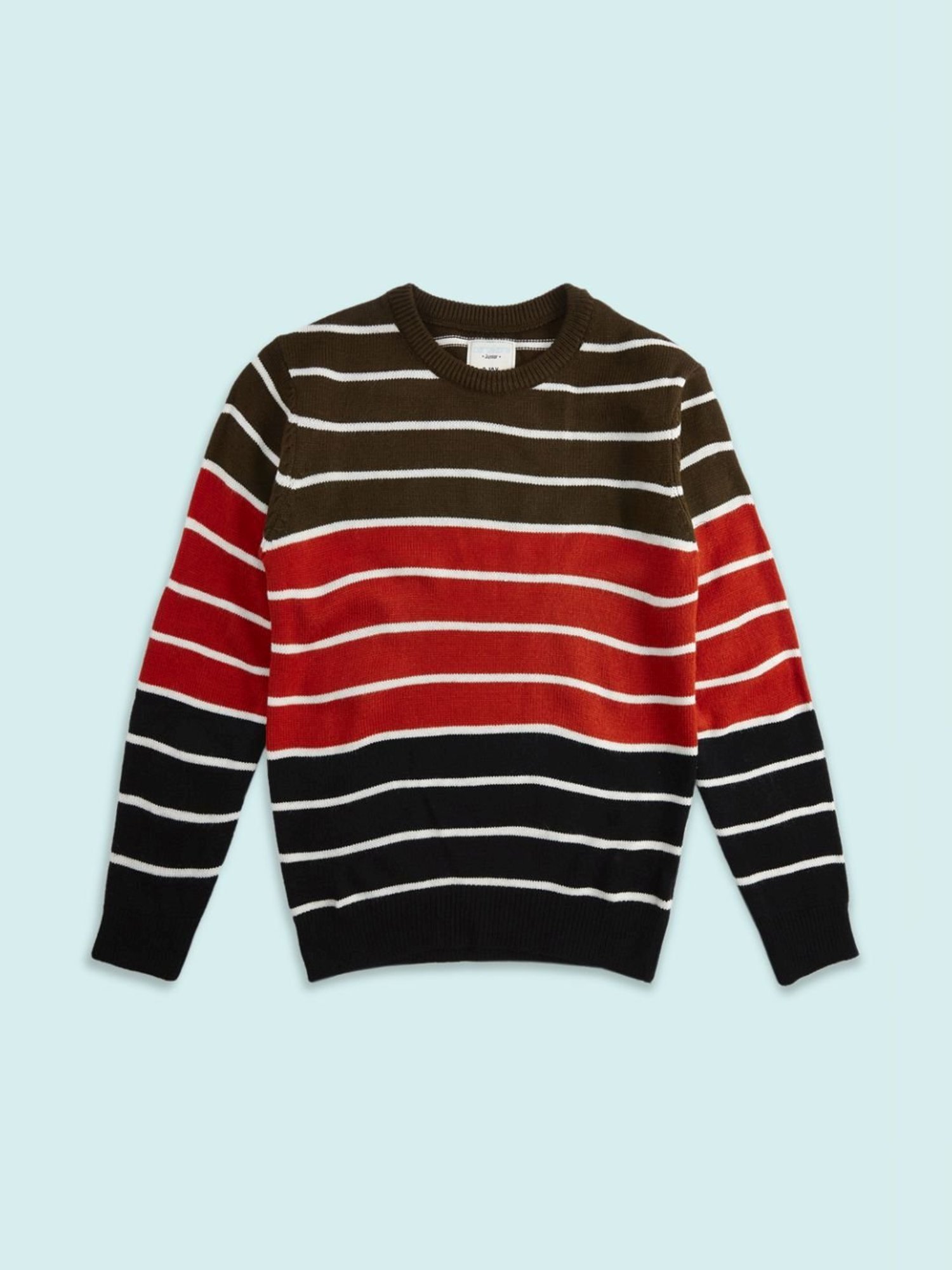 Pantaloons Junior Olive & Red Striped Full Sleeves Sweater