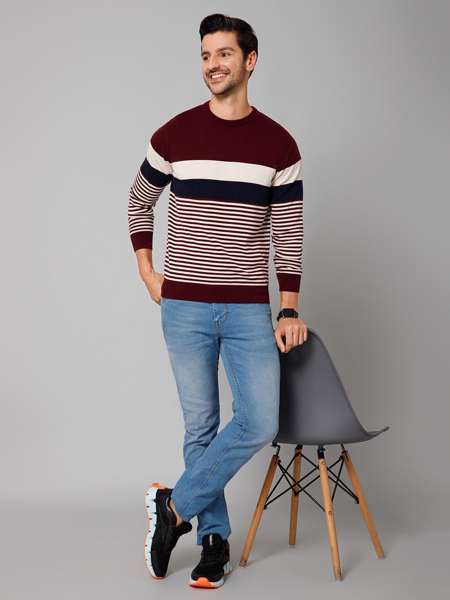 Cantabil Wine Regular Fit Striped Sweater