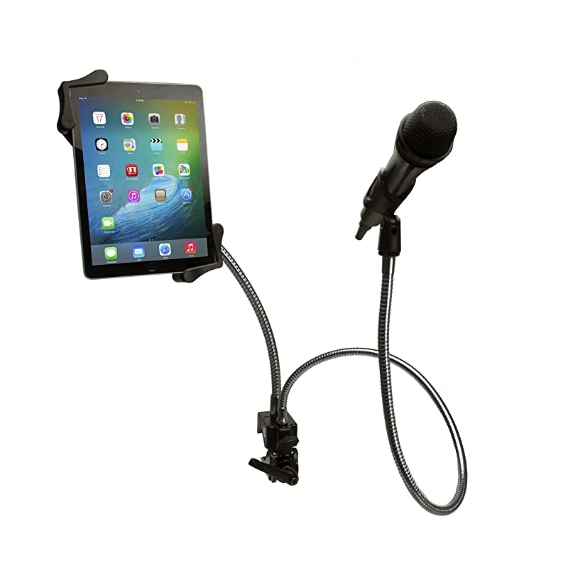 PAD-MTG Microphone Clip and 7-13 Inch Tablet Holder Gooseneck Clamp Stand for Karaoke/DJ/Recording/Performance