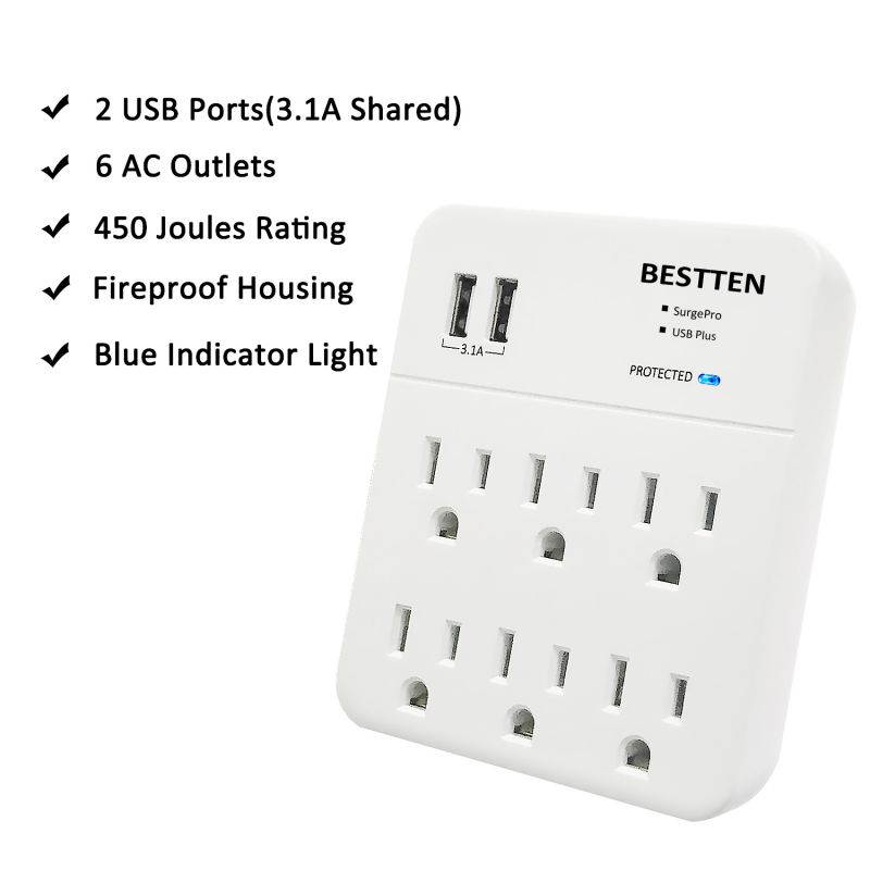 [2 Pack] BESTTEN 6-Outlet with 2 USB Charging Ports (2.4A/Port, 3.1A Totally), Wall Tap Mount Adapter Surge Protector, Muti-Plug Socket Extender, ETL Certified, White
