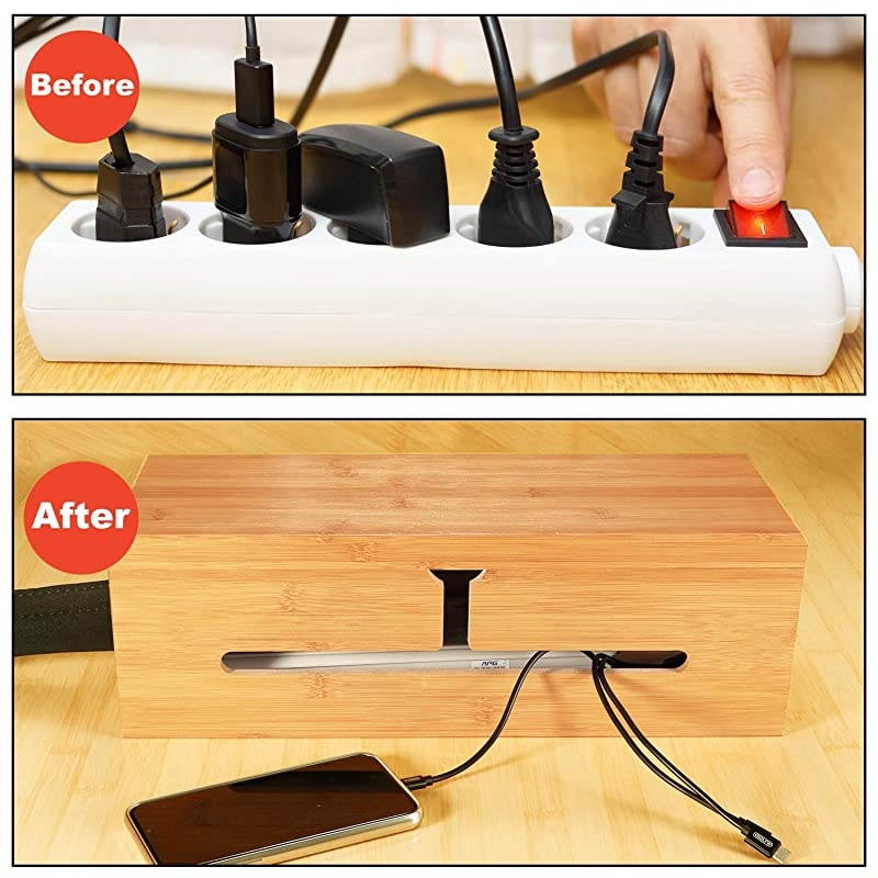 Bamboo Large Cable Box Stylish Cord Organizer Cable Management Box for Cord Hider and Cord Management Cable Organizer Box with Protector Cable Sleeve