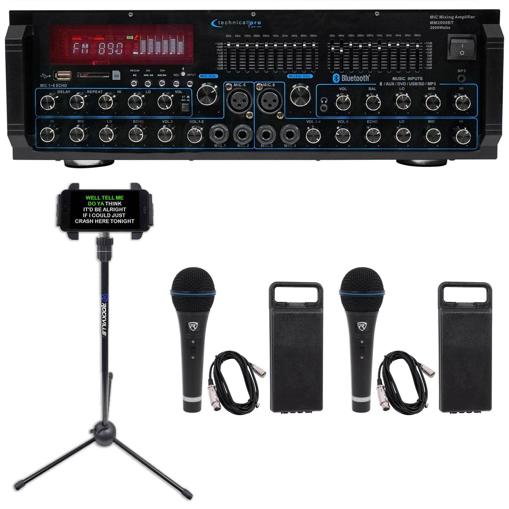 technical pro mm2000bt active bluetooth karaoke mixer amp sd, usb+2 mics+stand