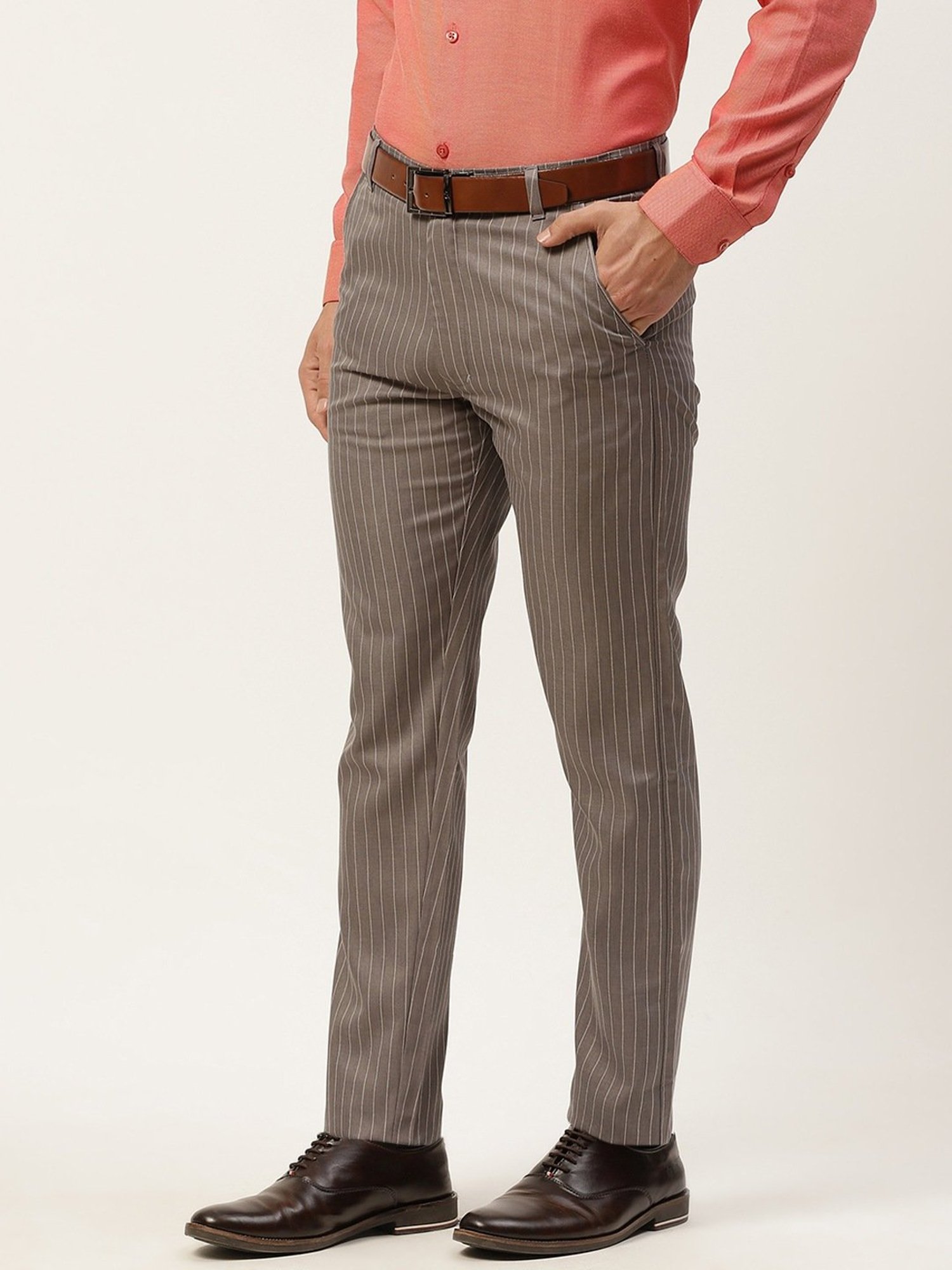 Sojanya Grey Cotton Regular Slim Fit Striped Flat Front Trousers