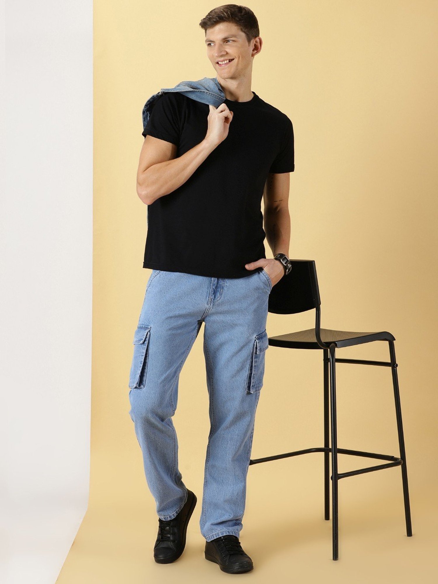 Thomas Scott Light Blue Cotton Relaxed Fit Cargo Jeans