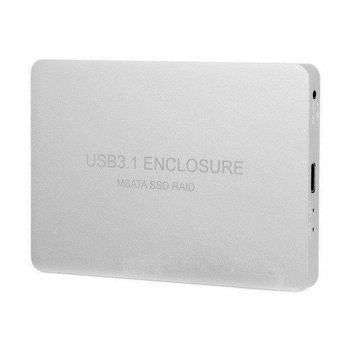 Silver USB-C USB 3.1 Type C to Dual 50mm MSATA PCI-E SSD Enclosure with Raid