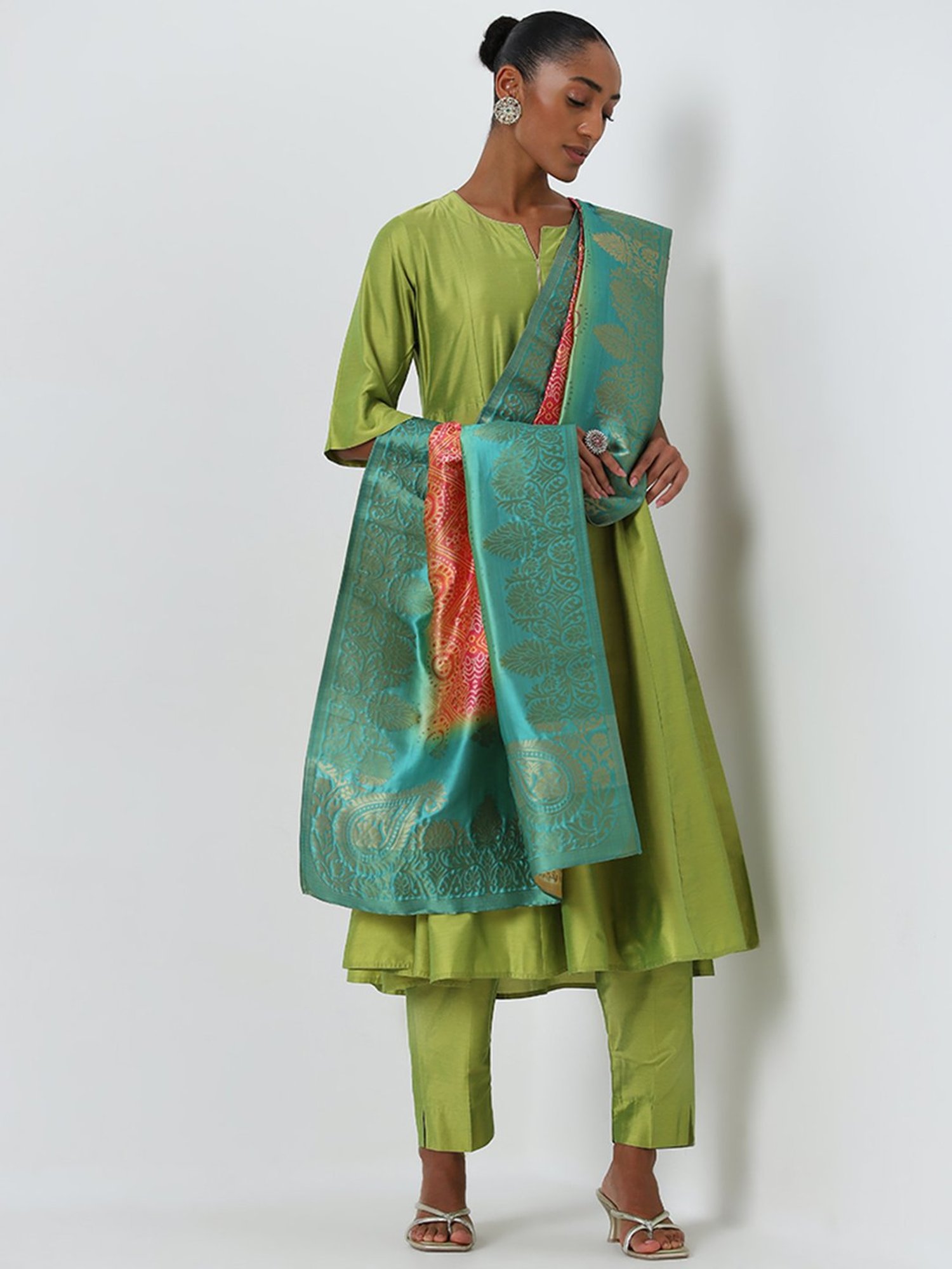 Vark by Westside Lime Kurta, Ethnic Pants and Bandhani Dupatta Set