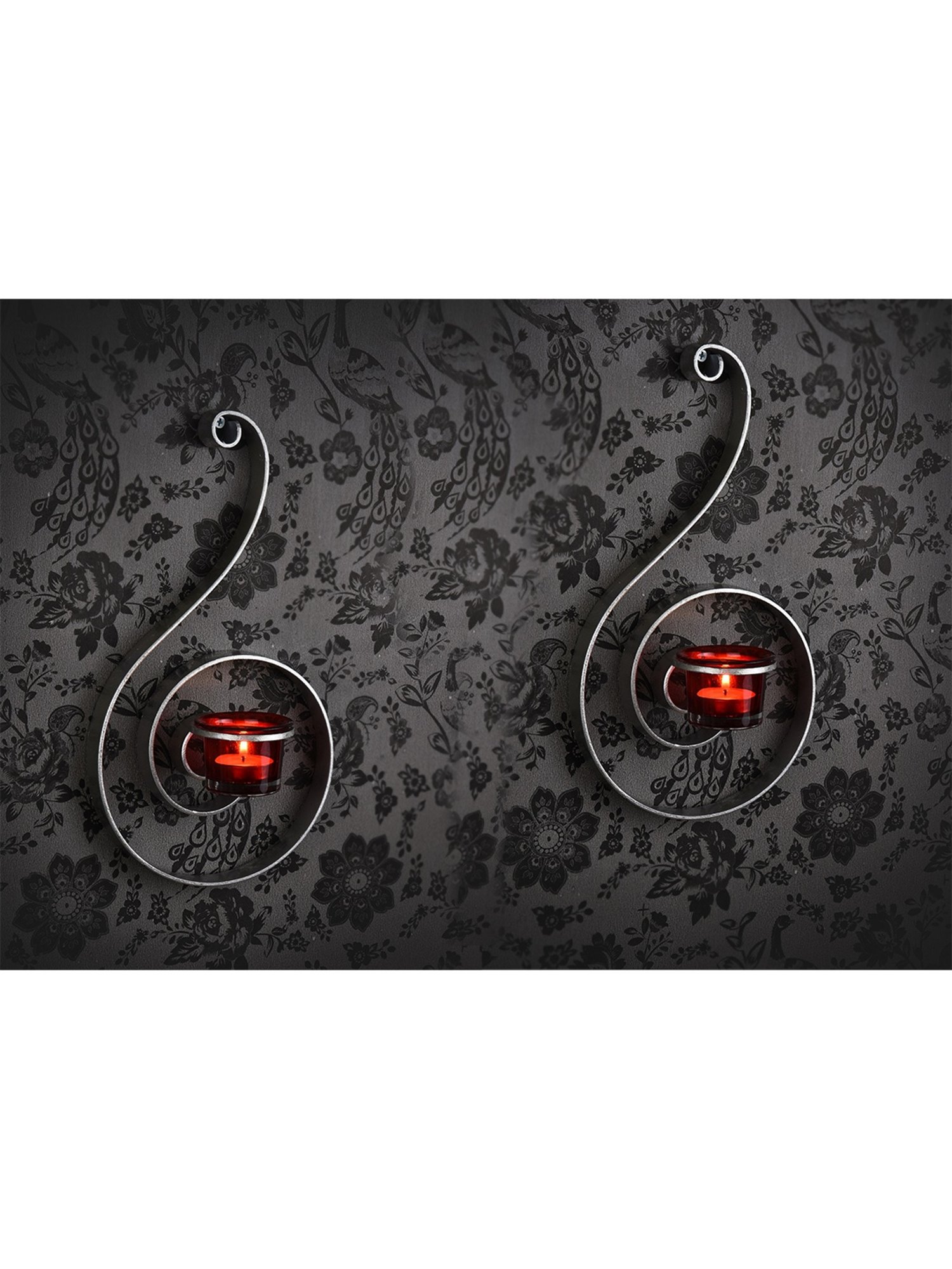 Hosley Silver Decorative Wall Sconce and Free Tealights with Red Glass Set of - 2