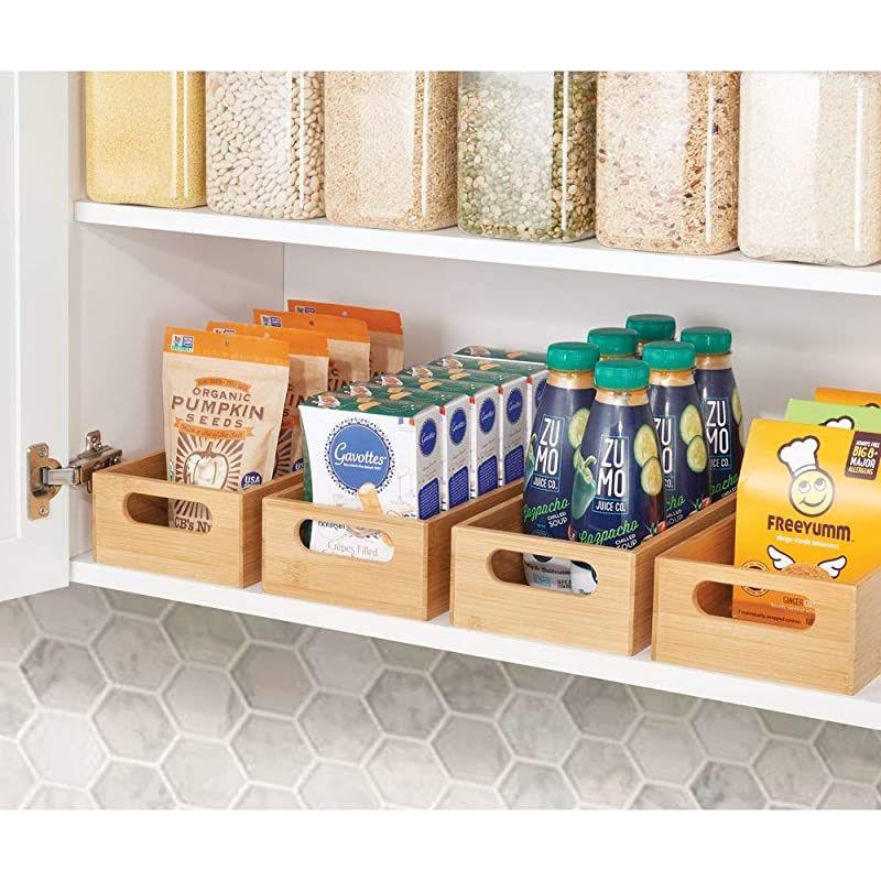 Bamboo Wood Compact Food Storage Bin with Handle for Kitchen Cabinet Pantry Shelf to Organize Seasoning Packets Powder Mixes Spices Packaged Snacks 2 Pack Natural
