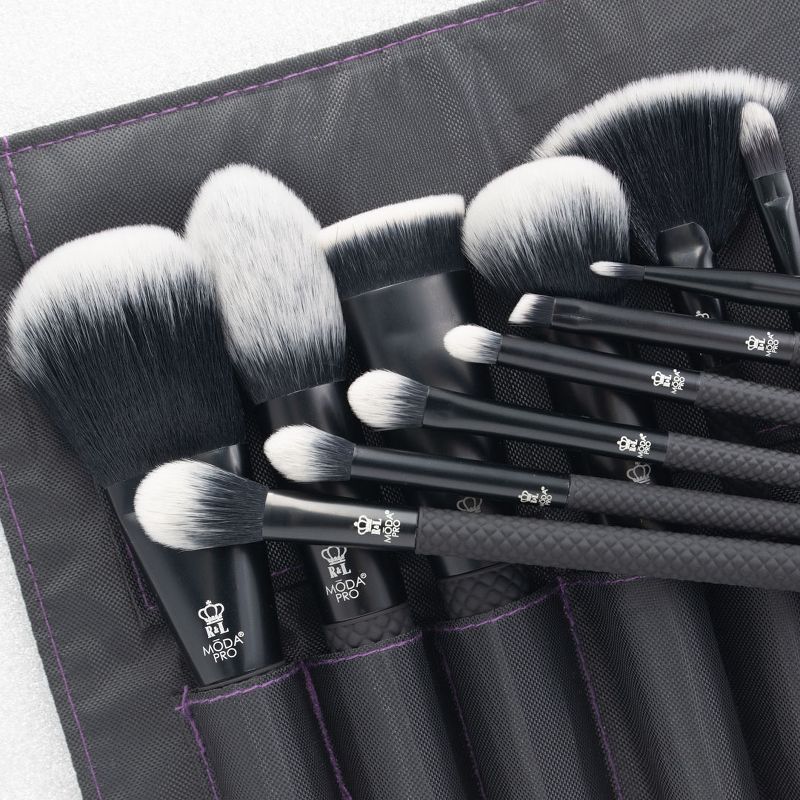 MODA Brush Pro 13pc Full Face Black Makeup Brush Set with  Wrap, Includes - Highlighter, Buffer, Shade, and Crease Brushes