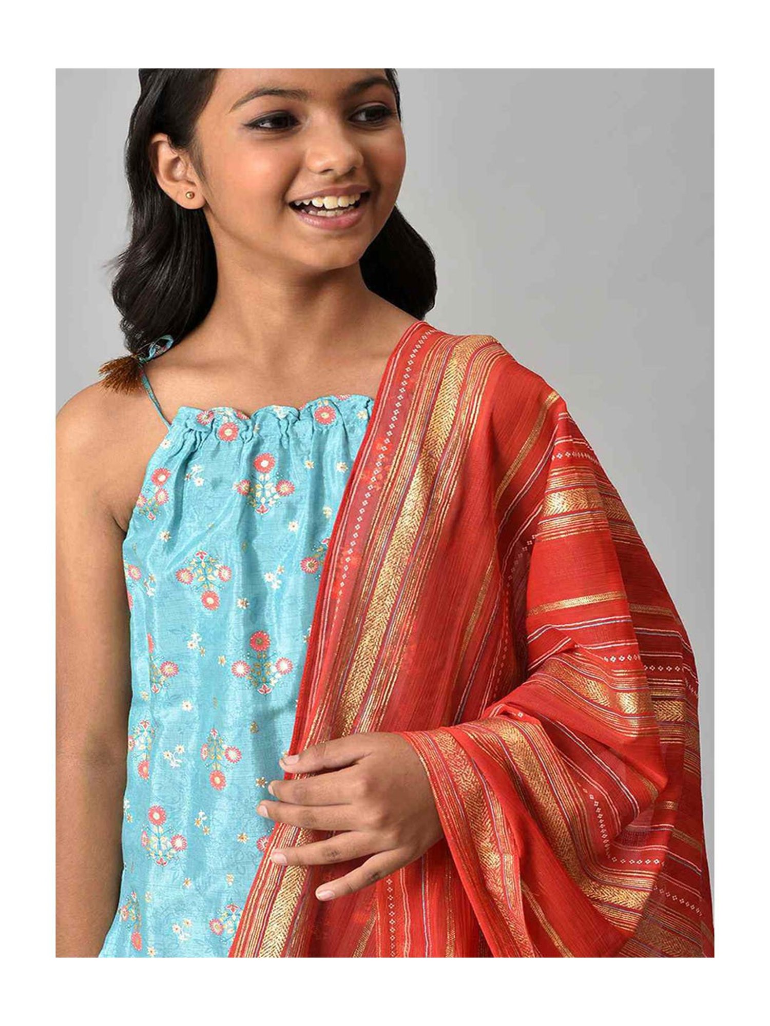 Aurelia Kids Aqua Blue & Red Floral Print Kurta, Plazzos with Dupatta