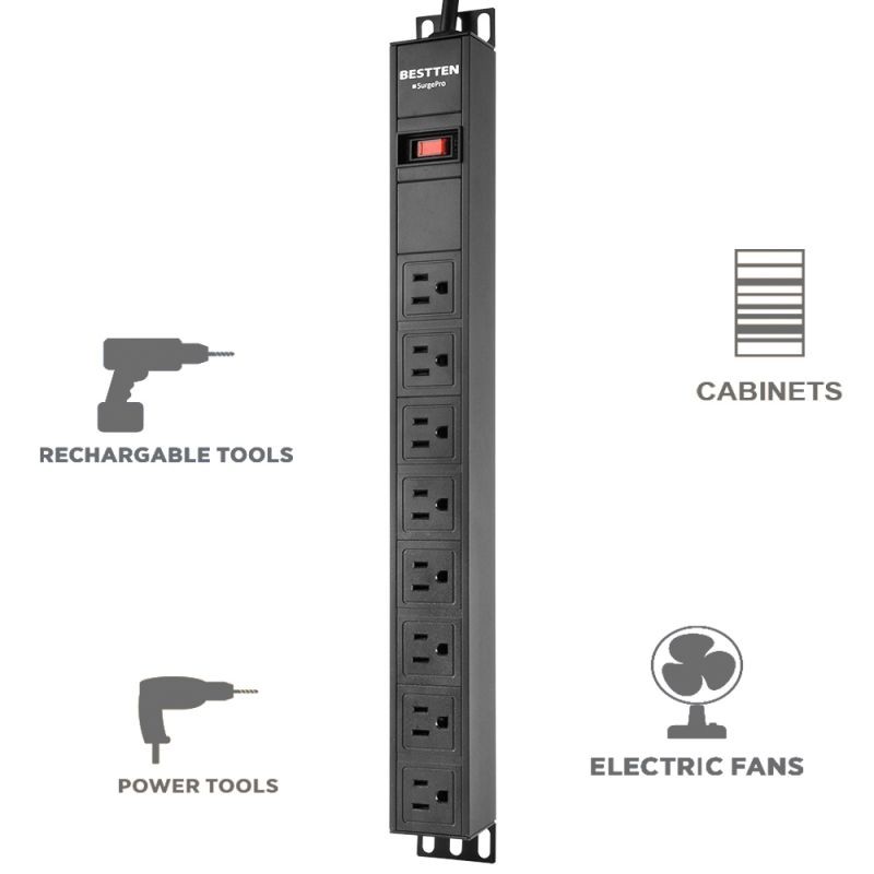 Bestten 8 Outlet Rack-Mount PDU, 1U/ 15A/125V, Aluminum Alloy 900J Surge Protector Power Strip, 9 Feet Cord, ETL Certified, Black