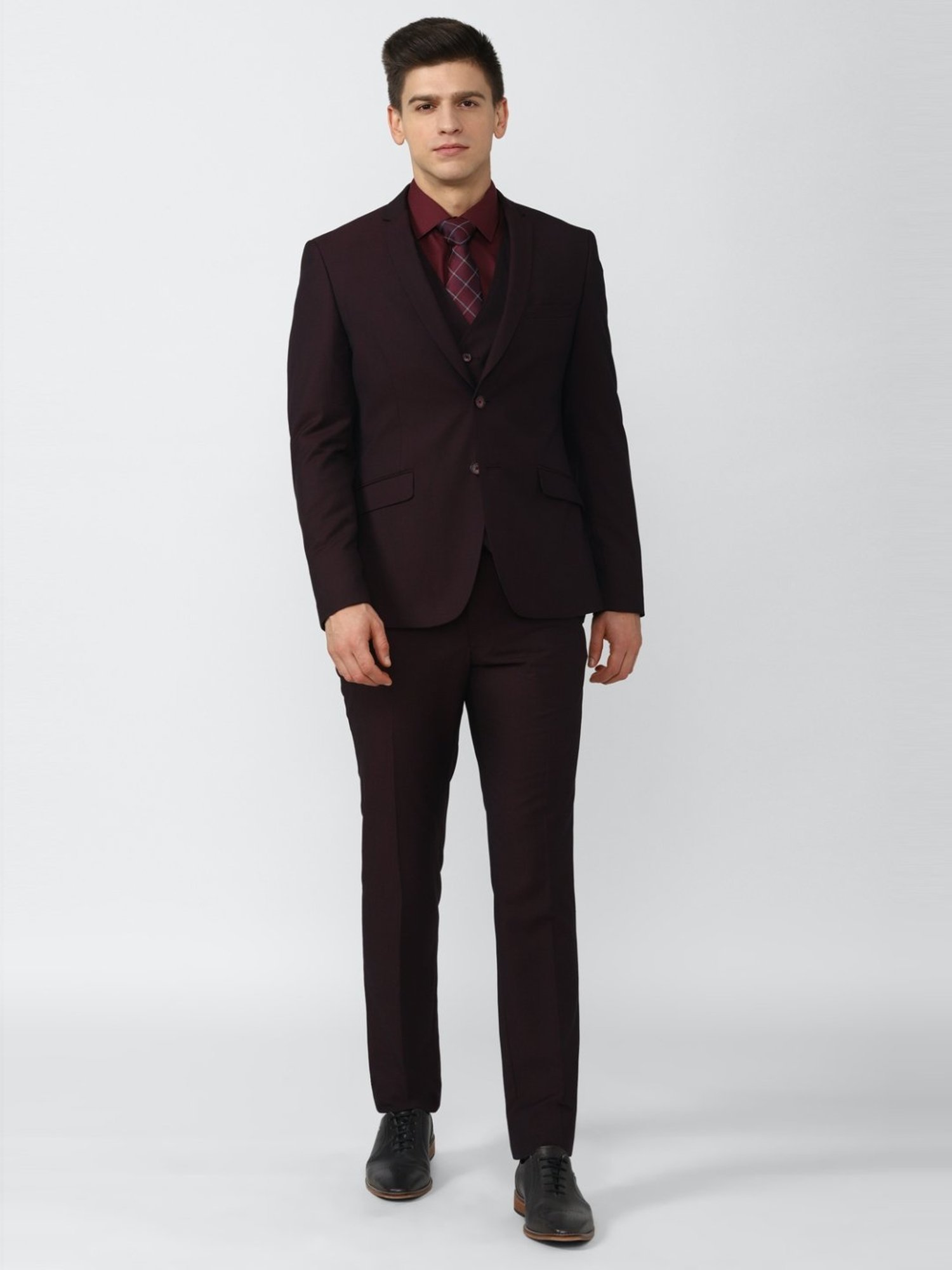 V Dot Maroon Skinny Fit Three Piece Suit