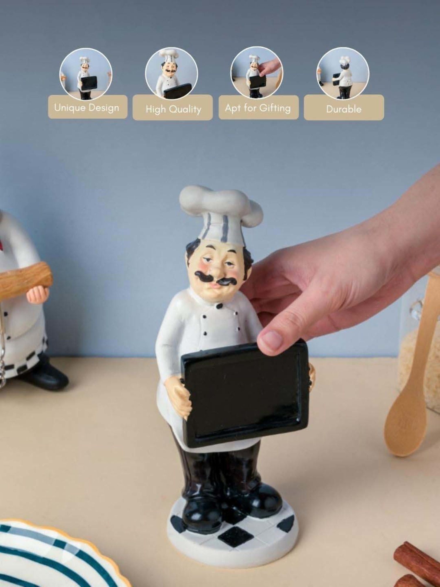 Nestasia Artisanal Black & White Resin Made MasterChef Decor Table Showpiece Holding Black Board