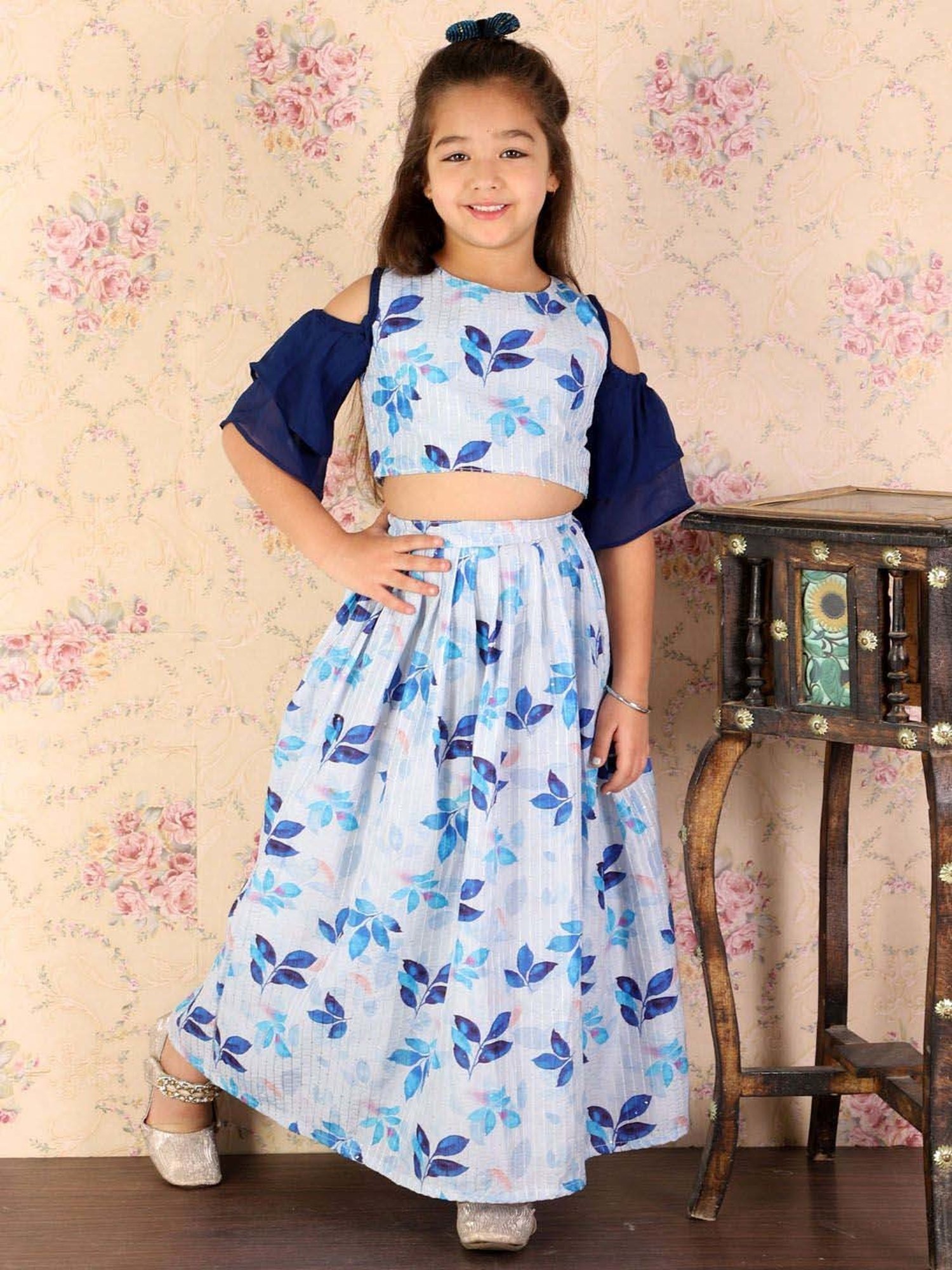 A Little Fable Kids Blue Printed Lehenga with Choli & Dupatta