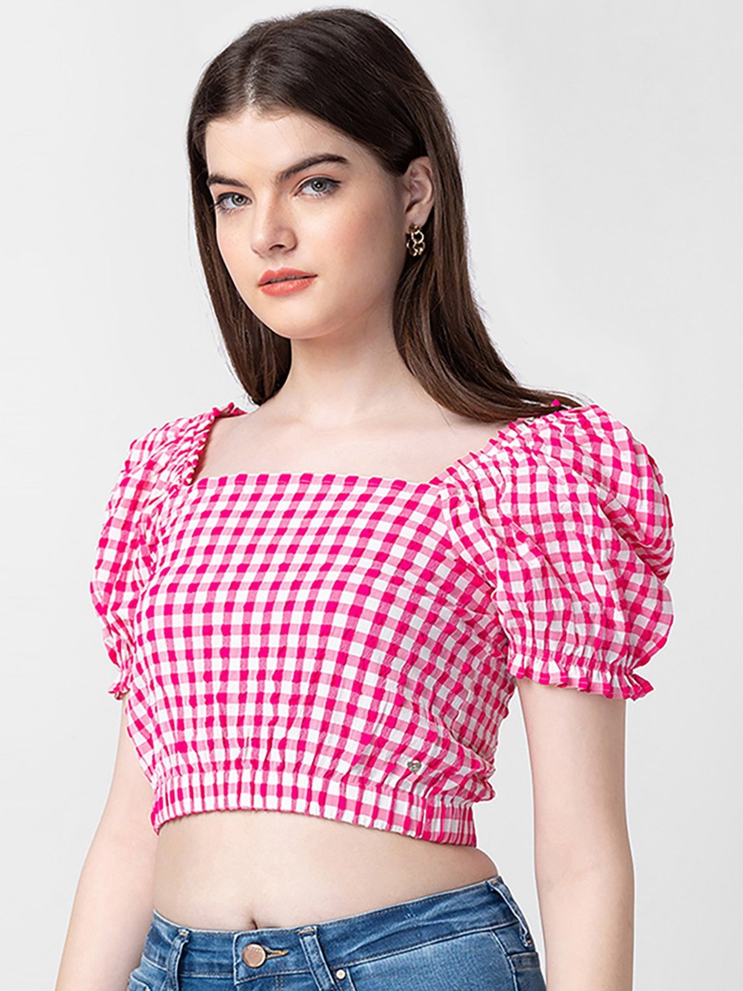 Spykar Pink Cotton Chequered Crop Top